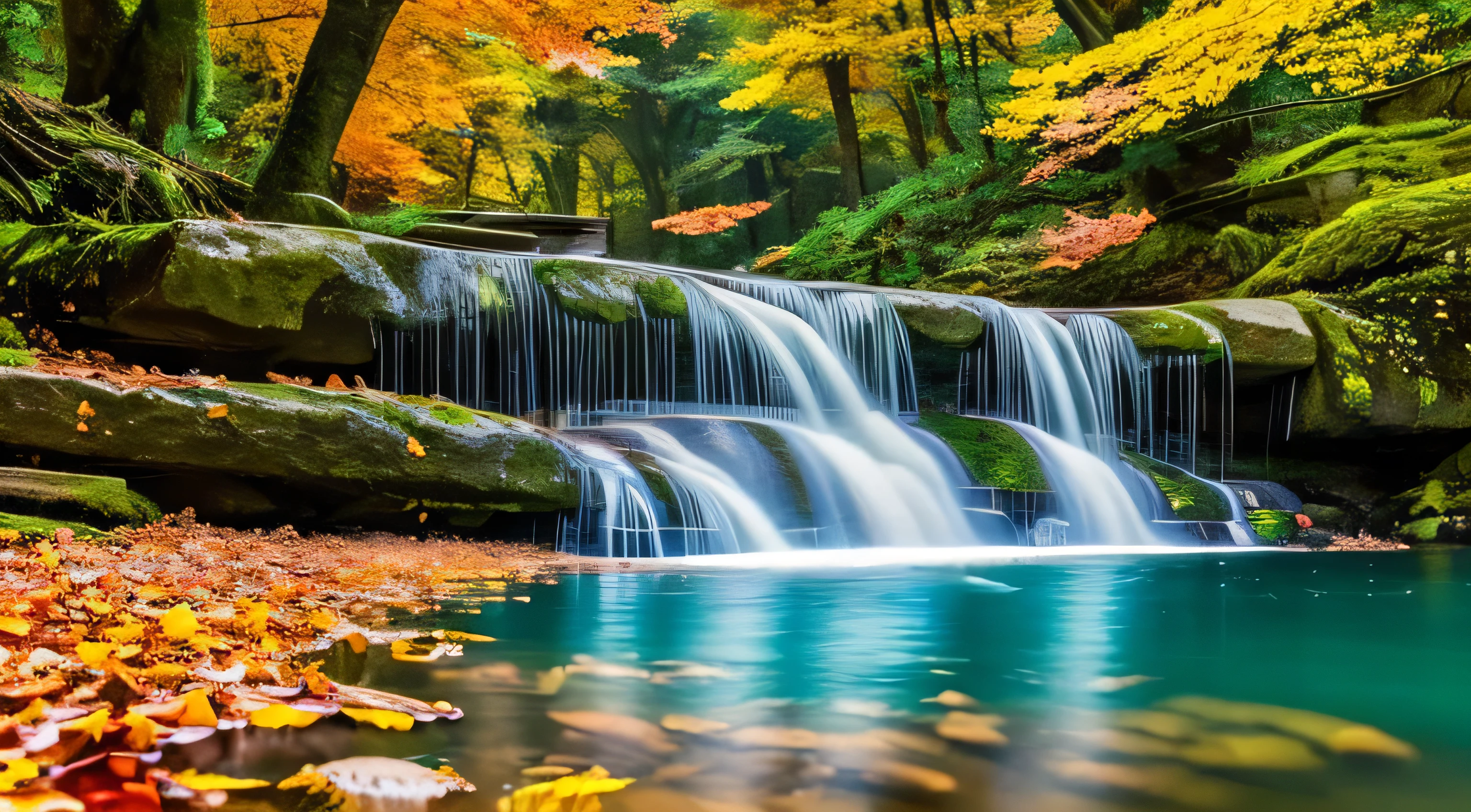 Beautiful waterfall cascading into a crystal clear pool, Fallen leaves and flower tails, wallpaper, Printing possible