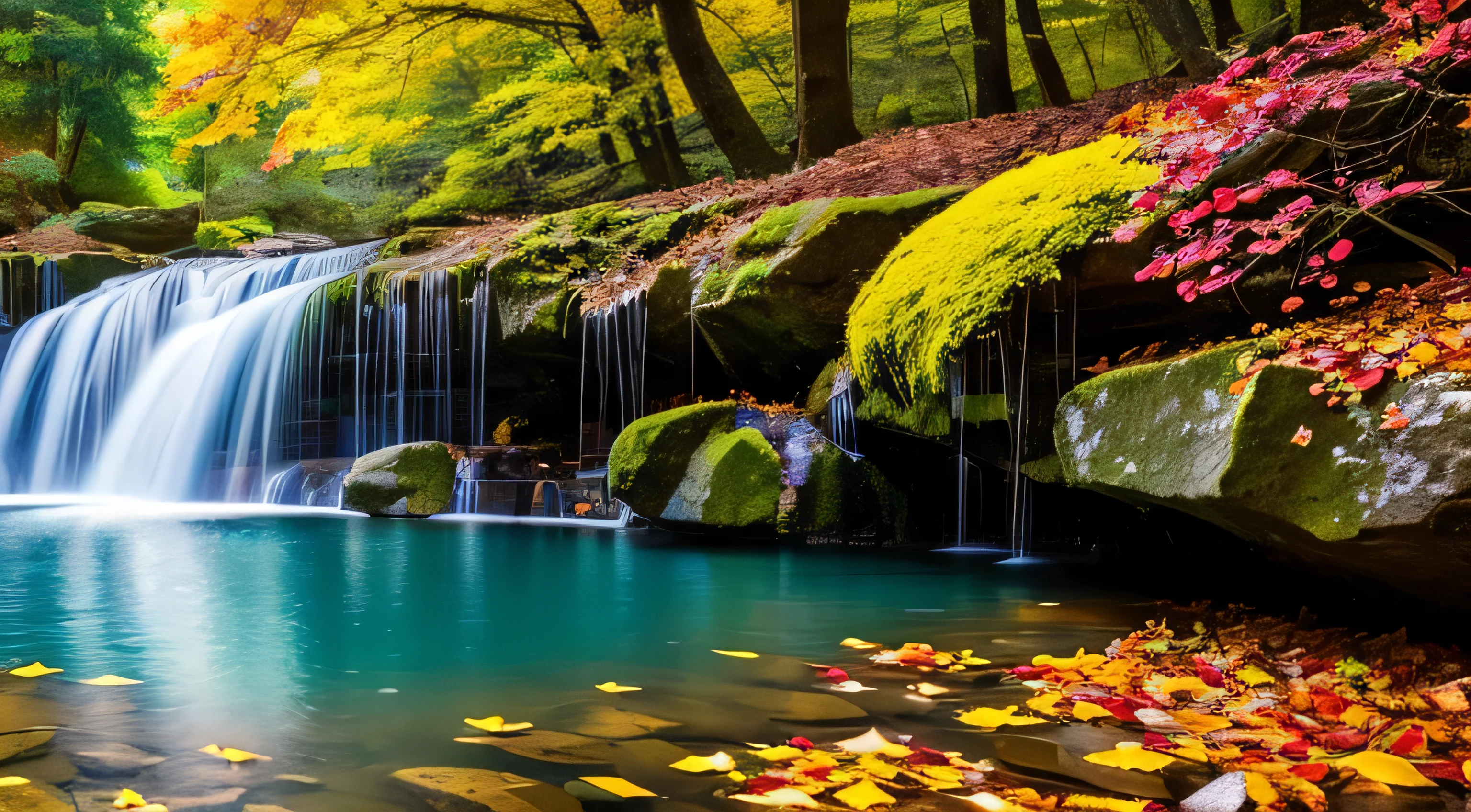 Beautiful waterfall cascading into a crystal clear pool, Fallen leaves and flower tails, wallpaper, Printing possible
