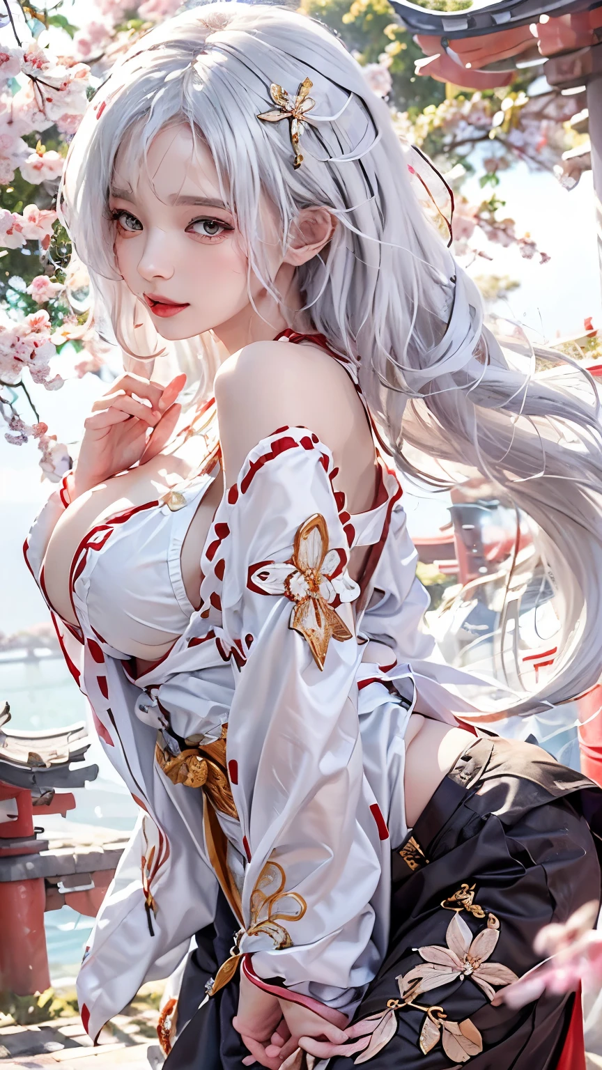 ((Styled white hair:1.5))(Miko costume:1.3), Symmetric, (highest quality, Realistic:1.4, RAW Photos:1.2, Cinematic Light, Highly detailed illustration), (1woman:1.3, alone), (Asian 25 year old girl, Very delicate face, Super beautiful face, Very delicate eyes, Highly detailed nose, Very sophisticated mouth, Highly detailed facial features, 輝くskin), woman, (Medium Bust,sideboob:1.3), skin, Lip gloss, Laughter, Full Body View, High resolution, High resolution, 8k, Masterpiece 2:1,（ Shrines in Kyoto、torii、Scattering cherry blossoms）cleavage cutout,
