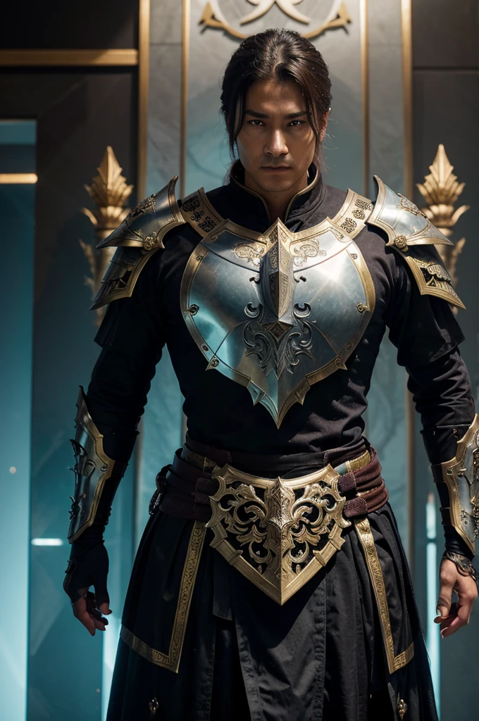 Create a hyper-realistic half-body depiction of a futuristic Chinese hybrid king in a dystopian world. Armor decorated with gold,
The king's armor should be a mix of traditional design and futuristic elements, with a high level of detail, dark metallic colors and shining turquoise inlays.
The king's weapons, a mix of swords and high-tech equipment, reflect a fusion of the past and the future. The armor should feature ornate carvings and digital filigree,
conveying majesty and mysterious power. Under the armor there is a maroon cloth robe giving an elegant impression.
The surface of the armor must be reflective like a mirror with an integrated digital interface. The kings are depicted in scenes of active battle against hordes of foreign enemies,
displays confrontational action and energy.