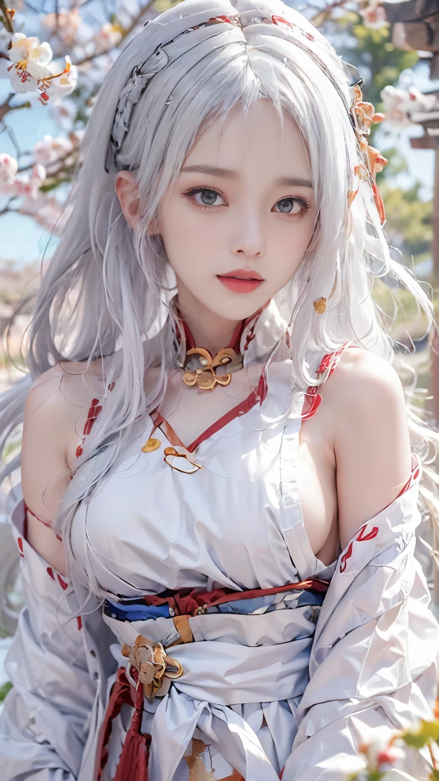 ((Styled white hair:1.5))(Miko costume:1.3), Symmetric, (highest quality, Realistic:1.4, RAW Photos:1.2, Cinematic Light, Highly detailed illustration), (1woman:1.3, alone), (Asian 25 year old girl, Very delicate face, Super beautiful face, Very delicate eyes, Highly detailed nose, Very sophisticated mouth, Highly detailed facial features, 輝くskin), woman, (Medium Bust,sideboob:1.3), skin, Lip gloss, Laughter, Full Body View, High resolution, High resolution, 8k, Masterpiece 2:1,（ Shrines in Kyoto、torii、Scattering cherry blossoms）cleavage cutout,
