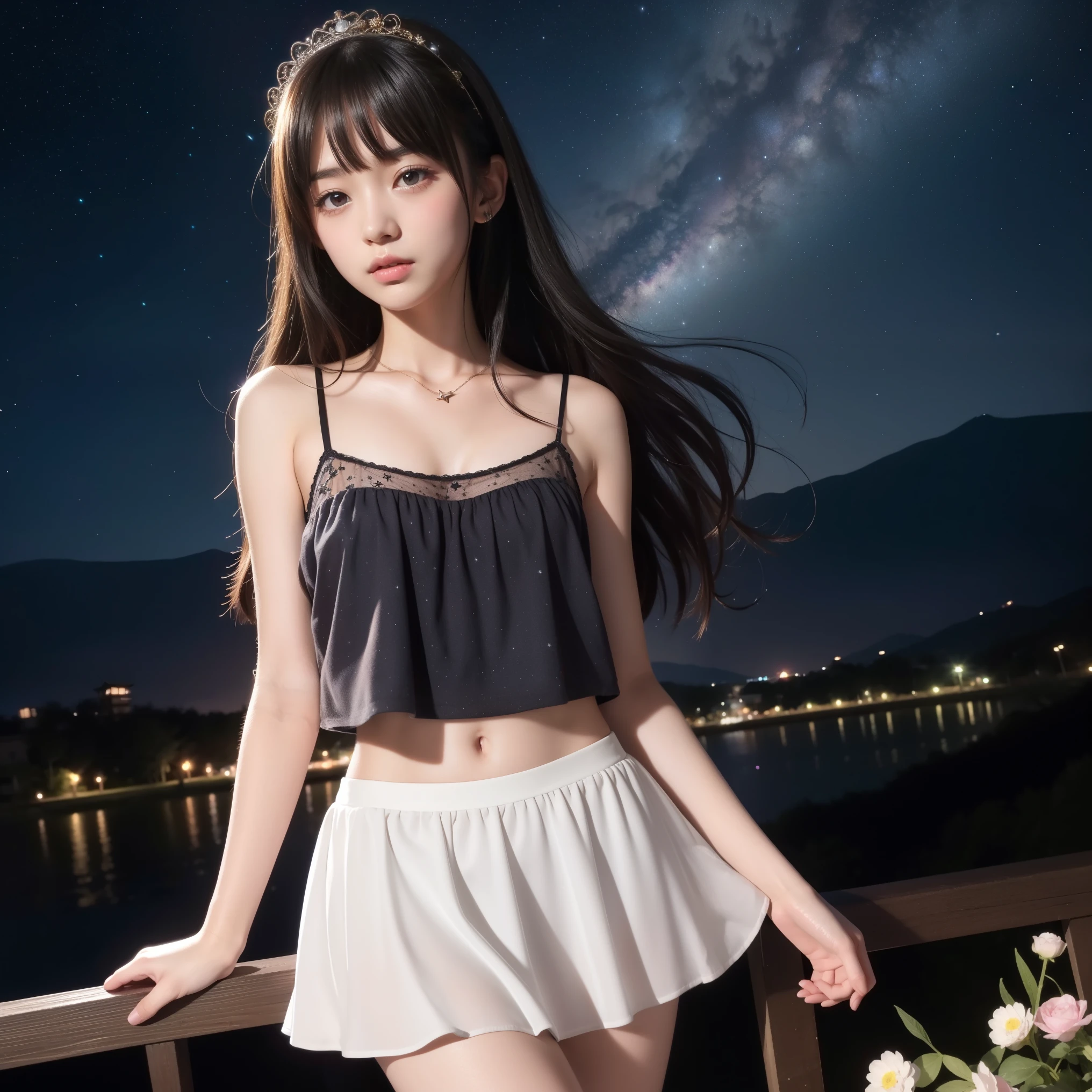 Beautiful images、universe、Fantasy、Shooting start or swarm、Teenage Girl、black eye、Hair length、Starry Sky、Japanese、high school girl、camisole、Fluttering mini skirt、