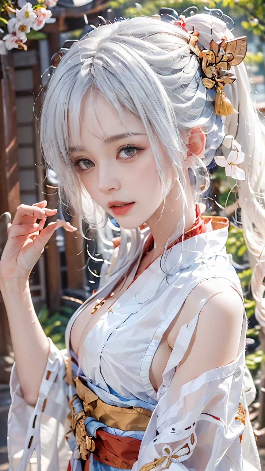 ((Styled white hair:1.5))(Miko costume:1.3), Symmetric, (highest quality, Realistic:1.4, RAW Photos:1.2, Cinematic Light, Highly detailed illustration), (1woman:1.3, alone), (Asian 25 year old girl, Very delicate face, Super beautiful face, Very delicate eyes, Highly detailed nose, Very sophisticated mouth, Highly detailed facial features, 輝くskin), woman, (Medium Bust,sideboob:1.3), skin, Lip gloss, Laughter, Full Body View, High resolution, High resolution, 8k, Masterpiece 2:1,（ Shrines in Kyoto、torii、Scattering cherry blossoms）cleavage cutout,
