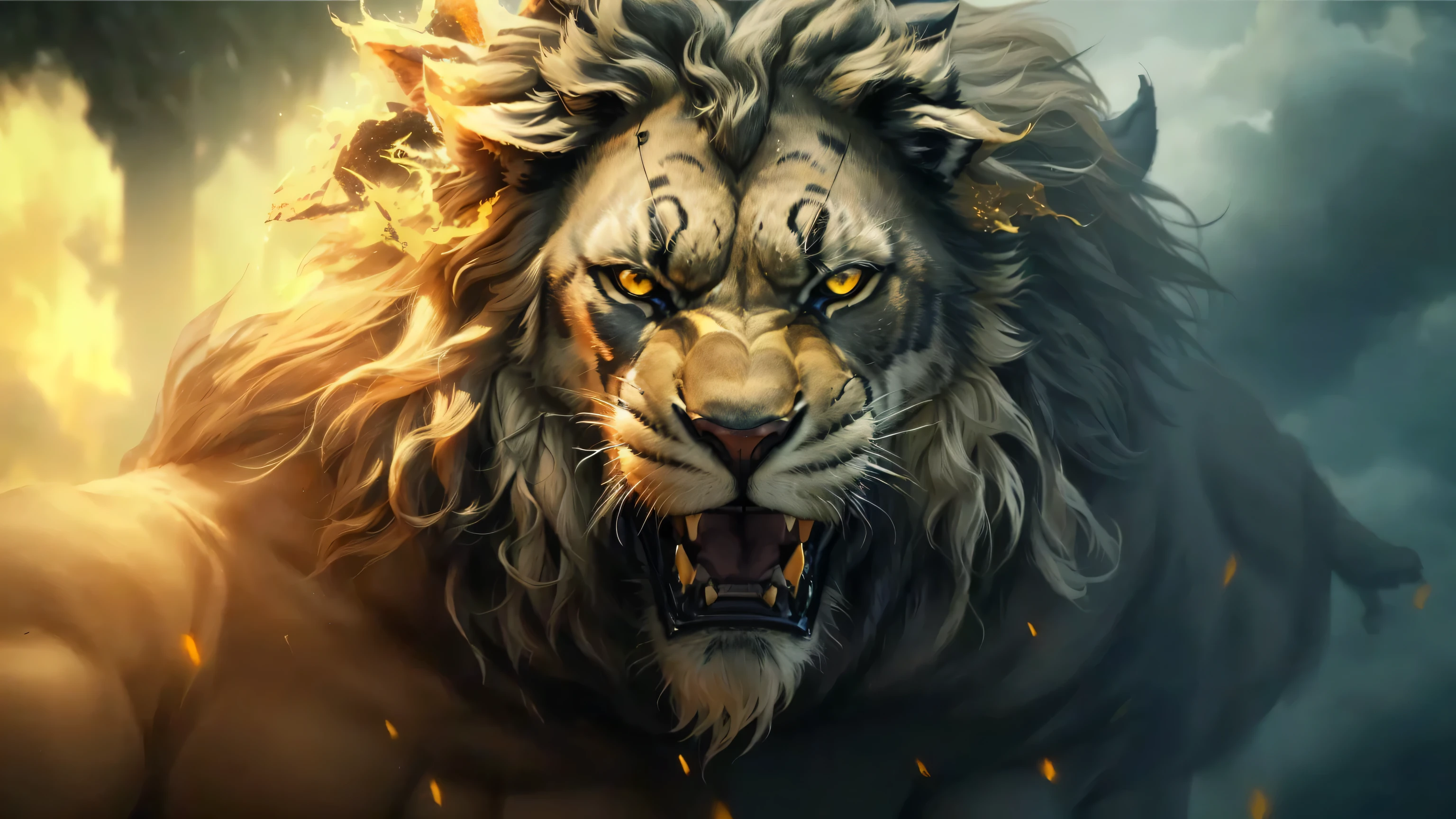 a black panther with yellow eyes runs through the clouds, Fierce 4k facial expression, Adam Marchinsky, panther warrior, fire panther, panther face, dramatic cinematic detailed fur, beast lord, Vojtek FUS, panther head, Lord of the Jungle