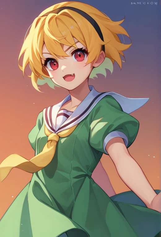 score_9, score_8_up, score_7_up, source_anime, 1girl, SatokoSchool, blonde hair, red eyes, hairband, sailor collar, yellow necktie, green dress, black pantyhose,  