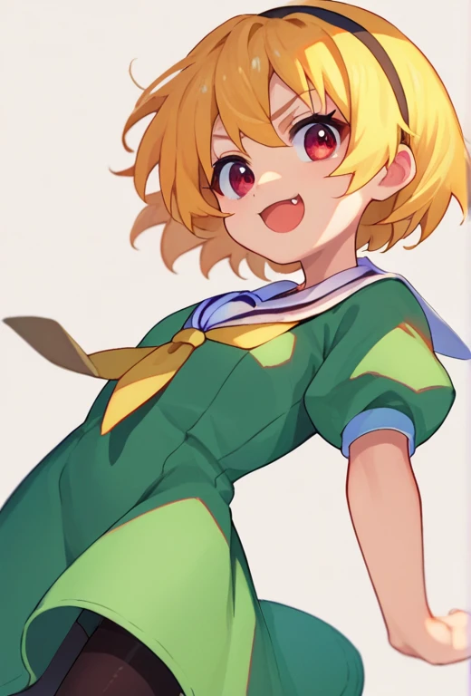 score_9, score_8_up, score_7_up, source_anime, 1girl, SatokoSchool, blonde hair, red eyes, hairband, sailor collar, yellow necktie, green dress, black pantyhose,  