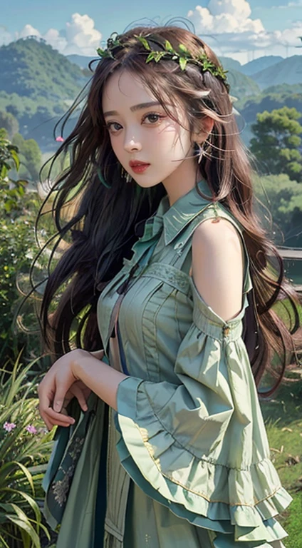 One 20-year-old girl, Fairy Princess, Green clothes, Nature clothing, Nature panorama, sweet, Beauty Grill, Twin sisters.(Are crying), Sad expression. (Break)