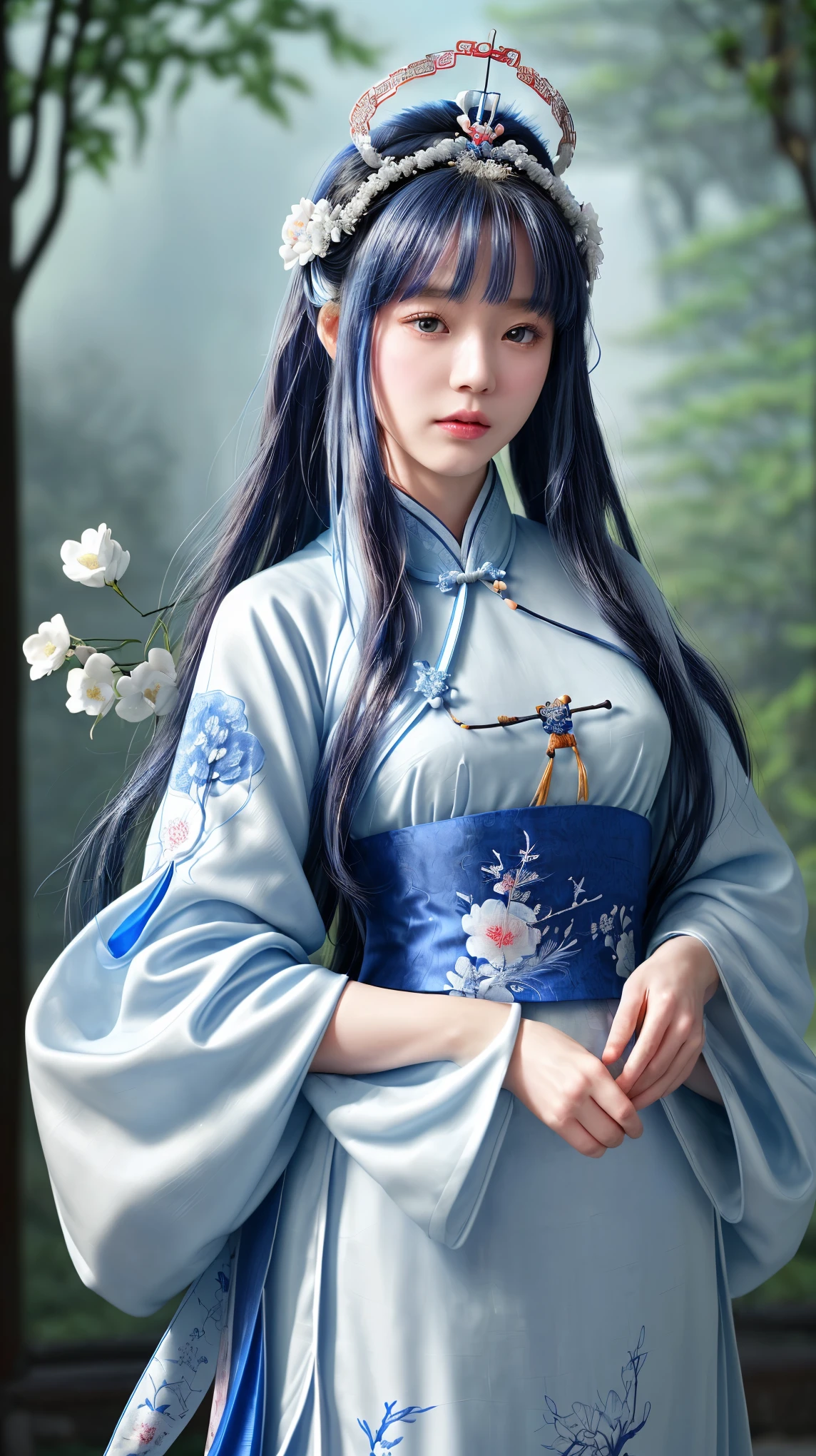 A woman in a blue and white dress、Woman with flowers on her head, Hanfu, palace, girl in Hanfu, blue Hanfu, white Hanfu, Dressed in ancient Chinese costumes, ((Beautiful fantasy queen)), ancient Chinese Princess, Chinese, Chinese traditional clothing, Chinese Clothing, Beautiful fantasy queen, Chinese Princess, Traditional Beauty,