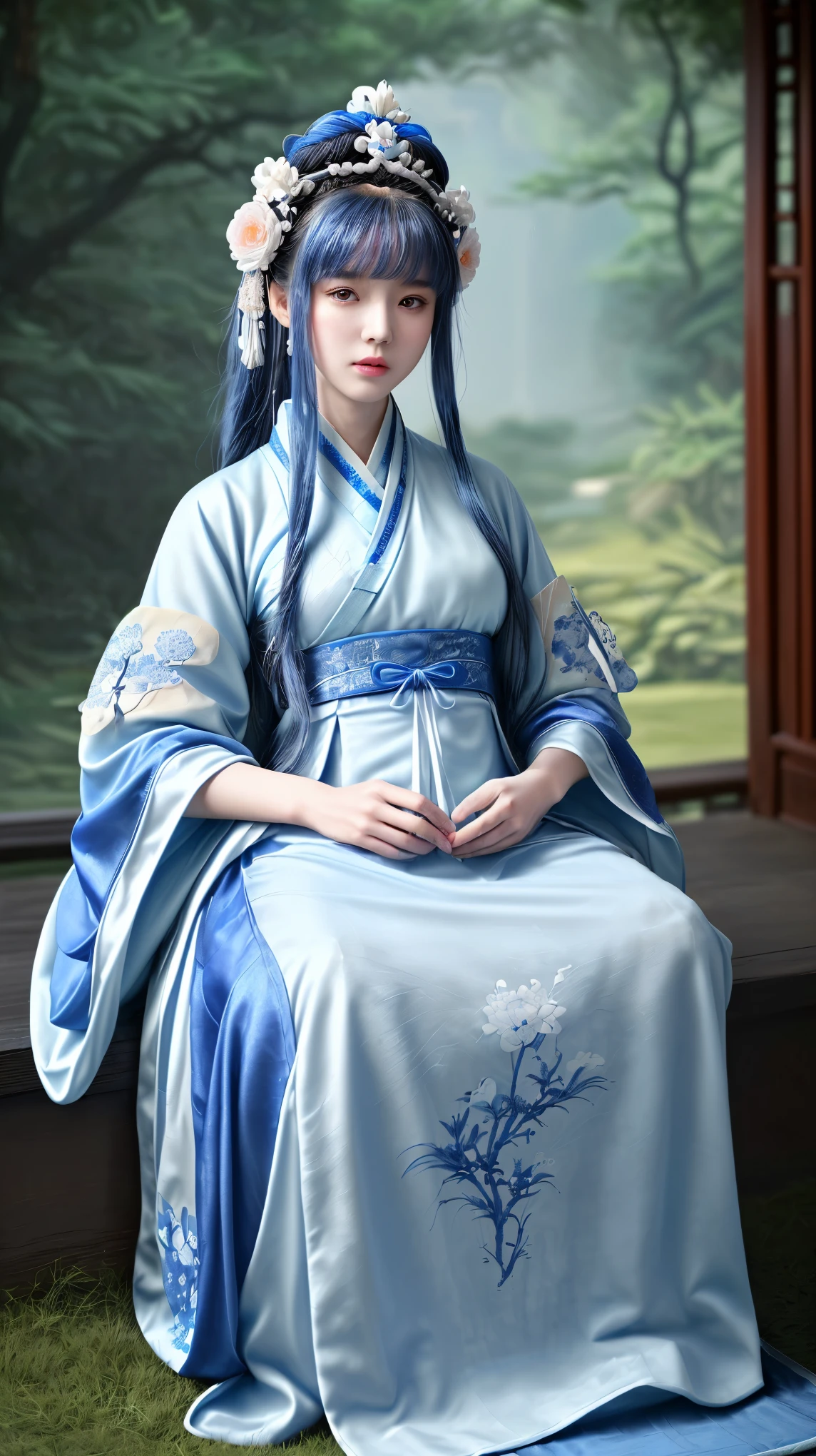 A woman in a blue and white dress、Woman with flowers on her head, Hanfu, palace, girl in Hanfu, blue Hanfu, white Hanfu, Dressed in ancient Chinese costumes, ((Beautiful fantasy queen)), ancient Chinese Princess, Chinese, Chinese traditional clothing, Chinese Clothing, Beautiful fantasy queen, Chinese Princess, Traditional Beauty,