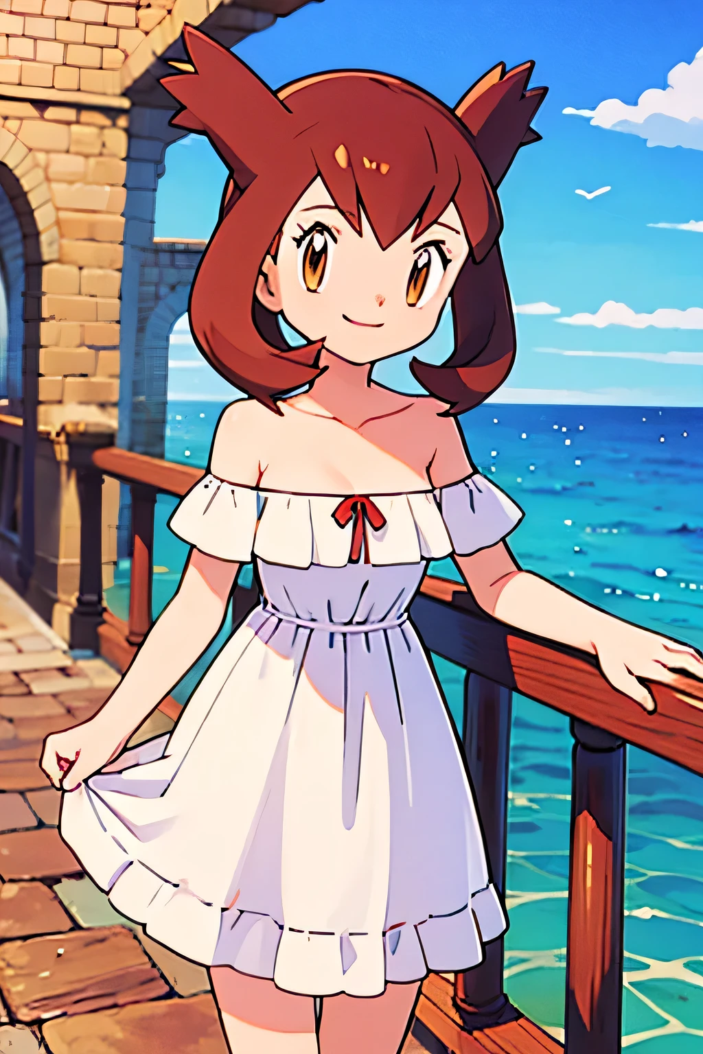 1 girl, solo, Pokemon Heroes (Bianca), Brown Hair, brown eyes, bare shoulders, strapless, off shoulders, white ruffle off the shoulder maxi dress, smile, ocean, cliff, railing, cowboy shot, facing viewer,, absurdres, ultra detailed, masterpiece, best quality, Teenager, pokemovies,