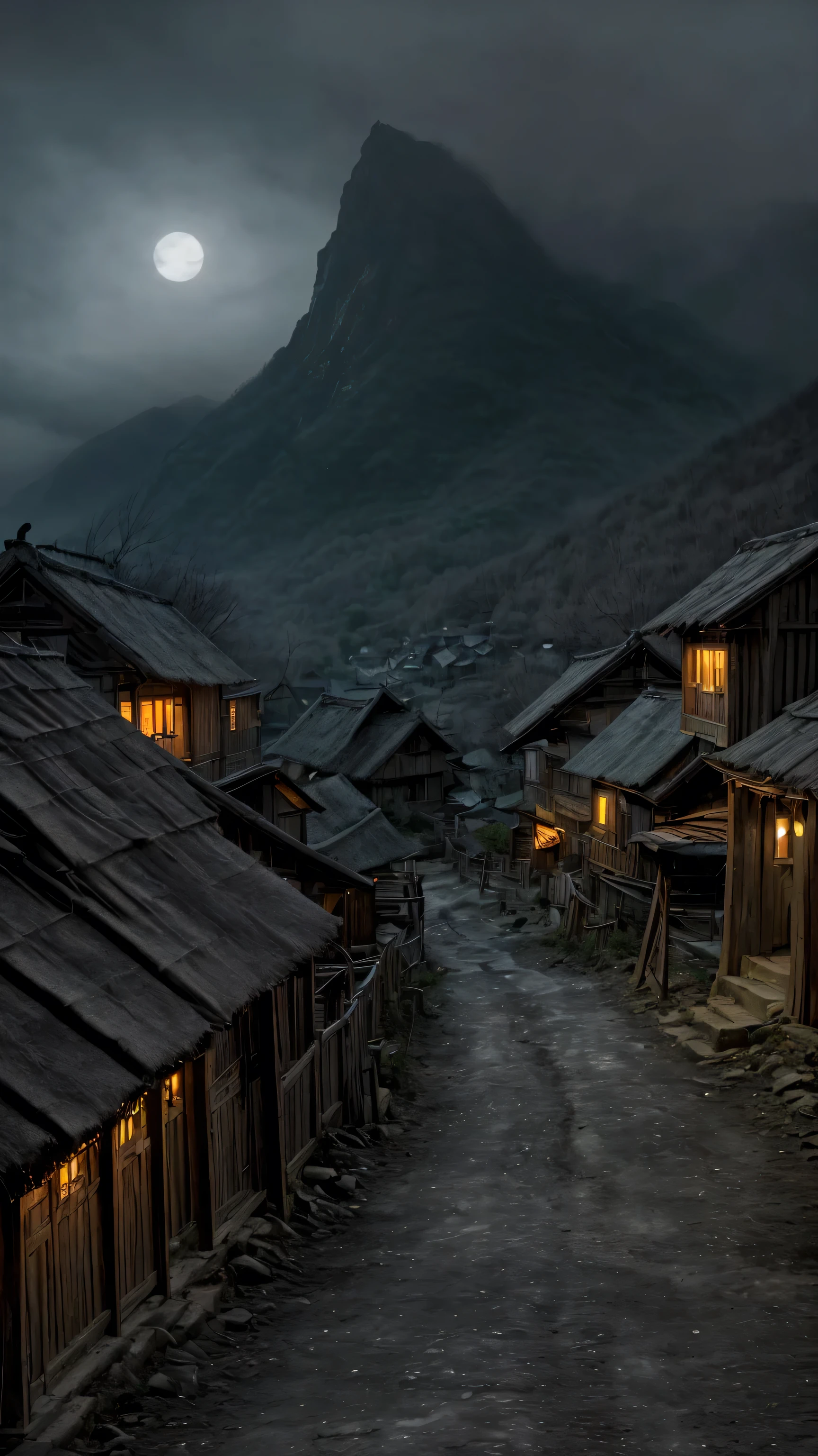 Poor mountain village street, Villagers, old house, Very detailed, night, gloomy, scary, Overlooking