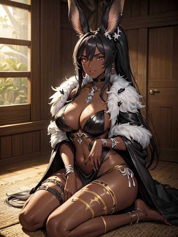 (masterpiece), best quality, highly detailed faces, (SHARP details), 4k, highly detailed, expressive eyes, SHARP detail expressive eyes, (SHARP detail perfect face), ((dark skin)), (bunny ears), (viera), ((black hair)), (choker) amber eyes, ponytail, wild tomboy hair, smiling, (wearing witch doctor outfit), 20 years old, cleavage, ((solo)), nice hips, curvy, tall woman, (large breasts), ((bone accessories)), witch doctor hut, cauldron, (wearing witch doctor clothes), ((white tribal marks on body)), bone accessory, loincloth, piercings, (white marks on skin), (tribal marks), earrings on bunny ears, witch doctor, fur clothes, (fur skirt), (bone armor), ((witch doctor)), sitting on the floor, indoors, witch doctor hut interior, full body shot,