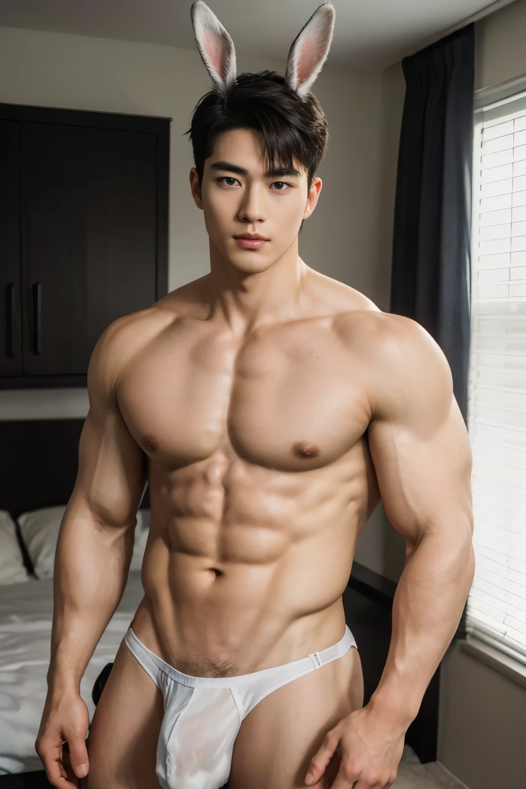 In the captivating image lies a white skin Korean handsome guy, radiating charisma as he proudly showcases his muscular to to build in a full-bodied stand-up pose. Wearing a sexy grey bikini that accentuates his physique, he stands amidst the bedroom environment, With an unrivaled attention to detail, this photorealistic portrait embodies the National Geographic style, capturing every nuance of his textured white skin in 8k resolution. His features emerge in pristine clarity, from the deep-set eyes to the chiseled jawline, making this image a true masterpiece. The lif, best quality, 8K UHD+, Leica digital SLR camera,he has big long bunny rabbit ears,