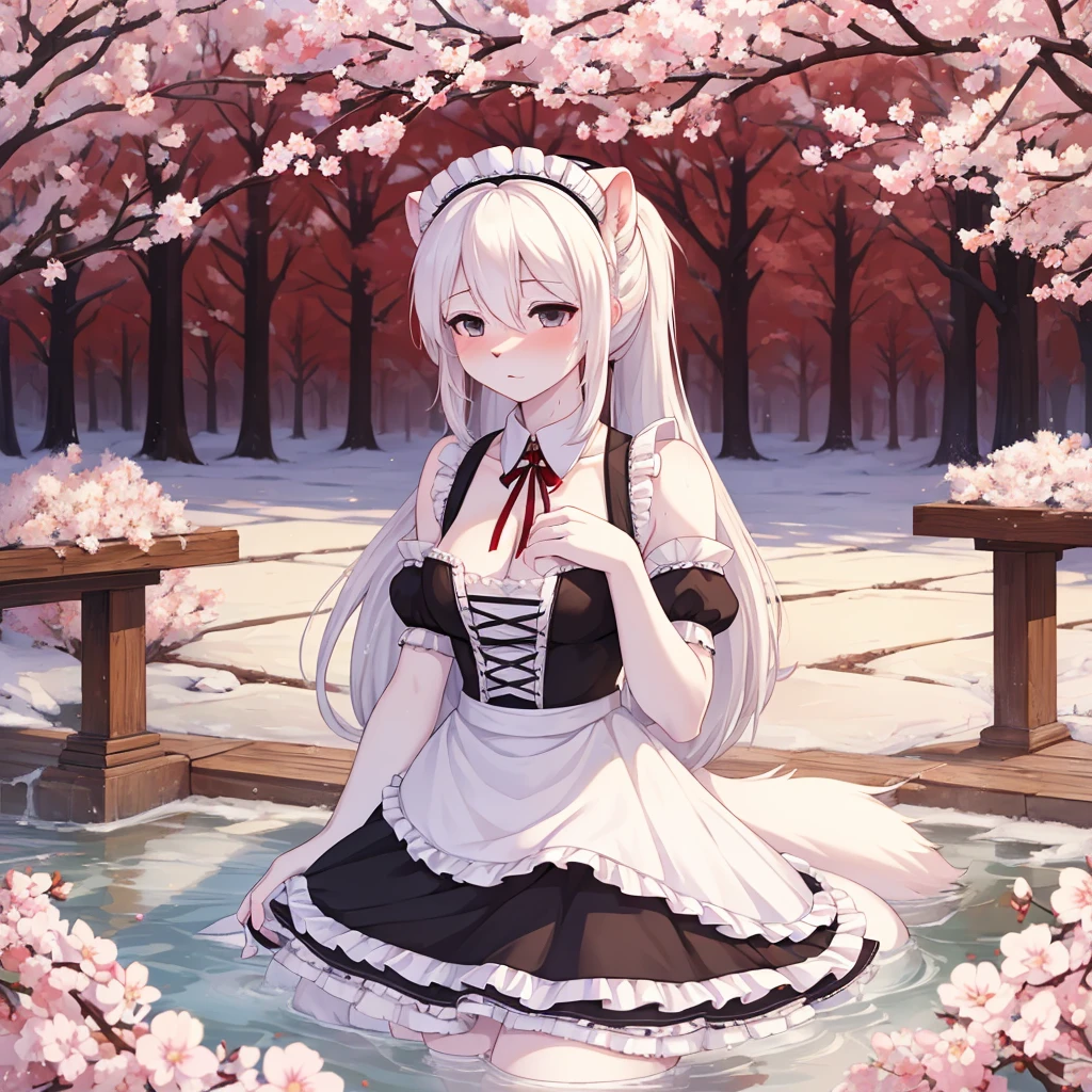 ((best quality, Masterpiece, perfect anatomy, Detailed pictures)), furry, 1 woman, arctic ferret, sexy, long white hair, ponytail, gray eyes, Shit shy, ferret tail, Maid outfit, red red, shy, in the cherry tree, wet, Chest 82, Waist 56, Thigh 83