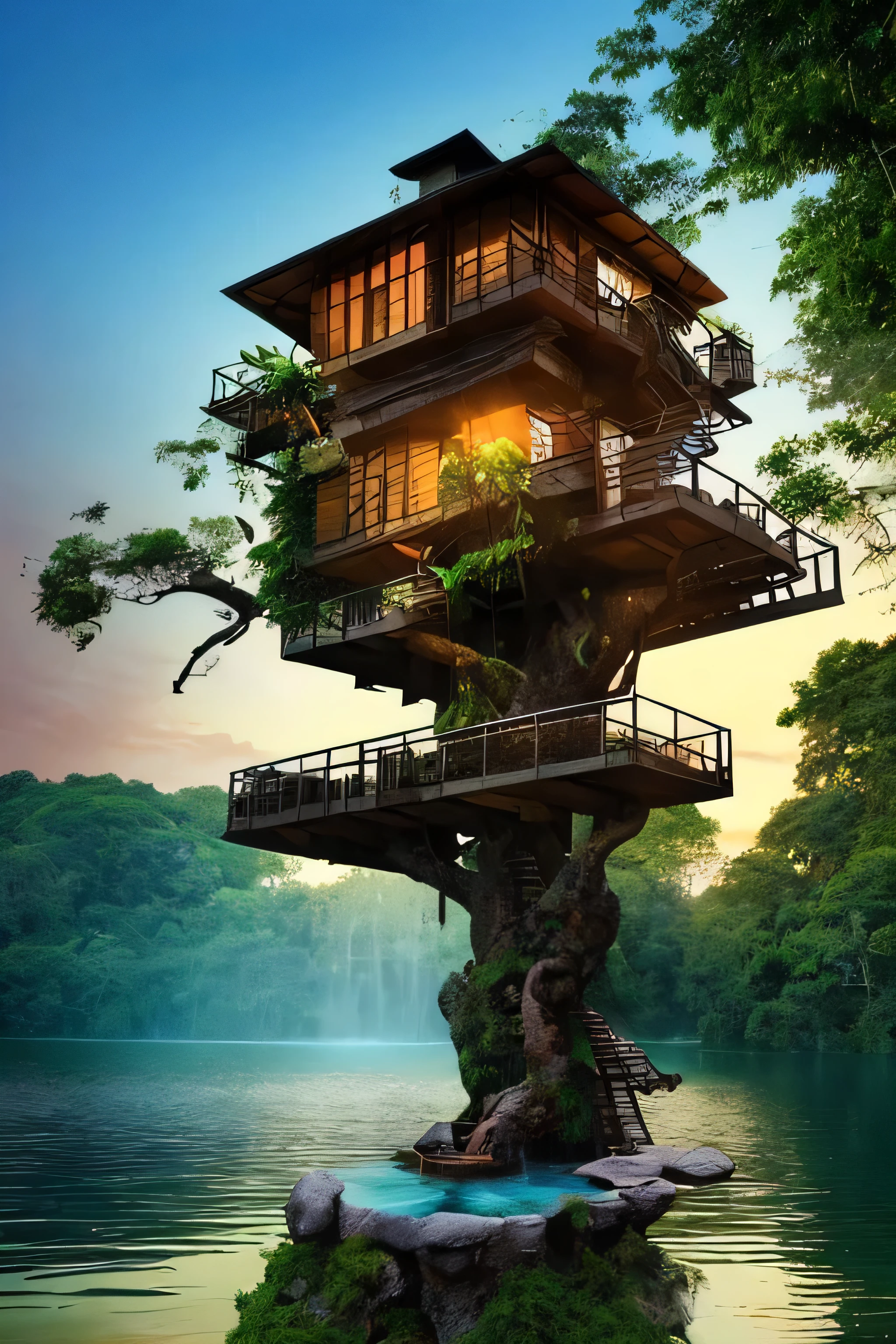 Perfection The Coolest Tree house on a large rock in the middle of the lake in the jungle with sunset, waterfall, bird flying, airroplan flying flowers in front of the house and trees on both sides of the house