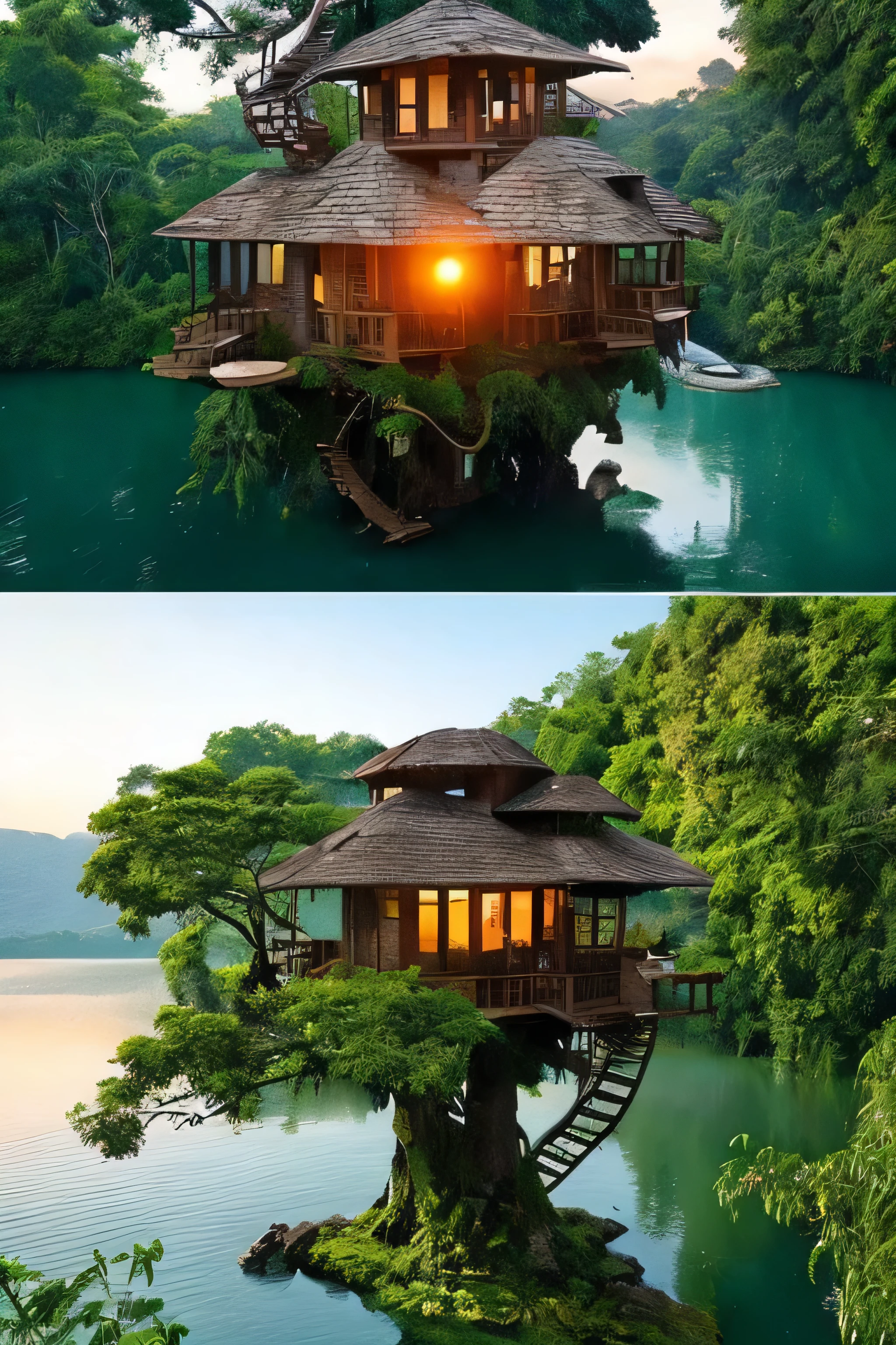 Perfection The Coolest Tree house on a large rock in the middle of the lake in the jungle with sunset, waterfall, bird flying, airroplan flying flowers in front of the house and trees on both sides of the house