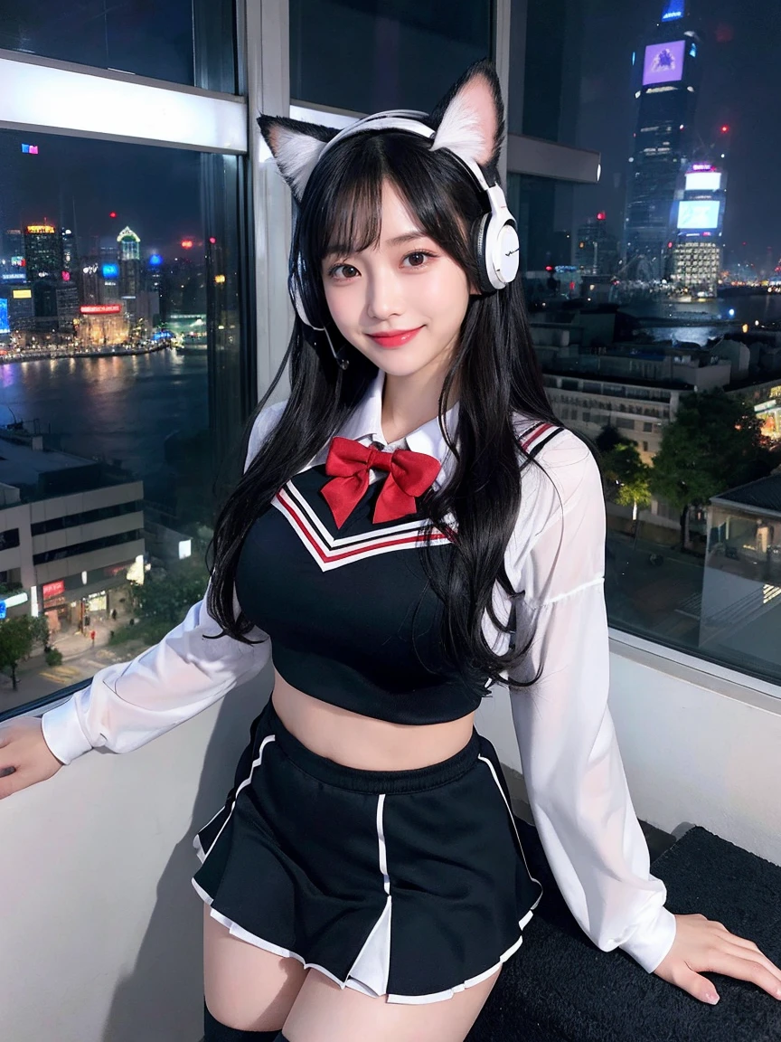 Full body photo、whole、最high quality, masterpiece, 32k、Very detailed、Realistic、1 girl, Japanese women、Cute face, (photo Actual:1.3), Edge lighting, (Skin with attention to detail:1.2), 8k超High resolution, Single-lens reflex camera, high quality, High resolution, 4K, 8k, Optimal ratio of four fingers to one thumb, (Actual:1.3), smile、自然なsmile、Cheerleader Outfits(black、Light blue line design)、Cat ear headphones(ピンク色のネオンCat ear headphones)、cute 1 girl, Realistic、Super Realistic、32k、Very detailed、masterpiece, 最high quality, beautiful girl, beauty、 Mecha, Beautiful lighting, Sitting,Cyber Neon、Future City、Skyscraper、City Night、Shanghai、Big cities、Night view、綺麗なNight view