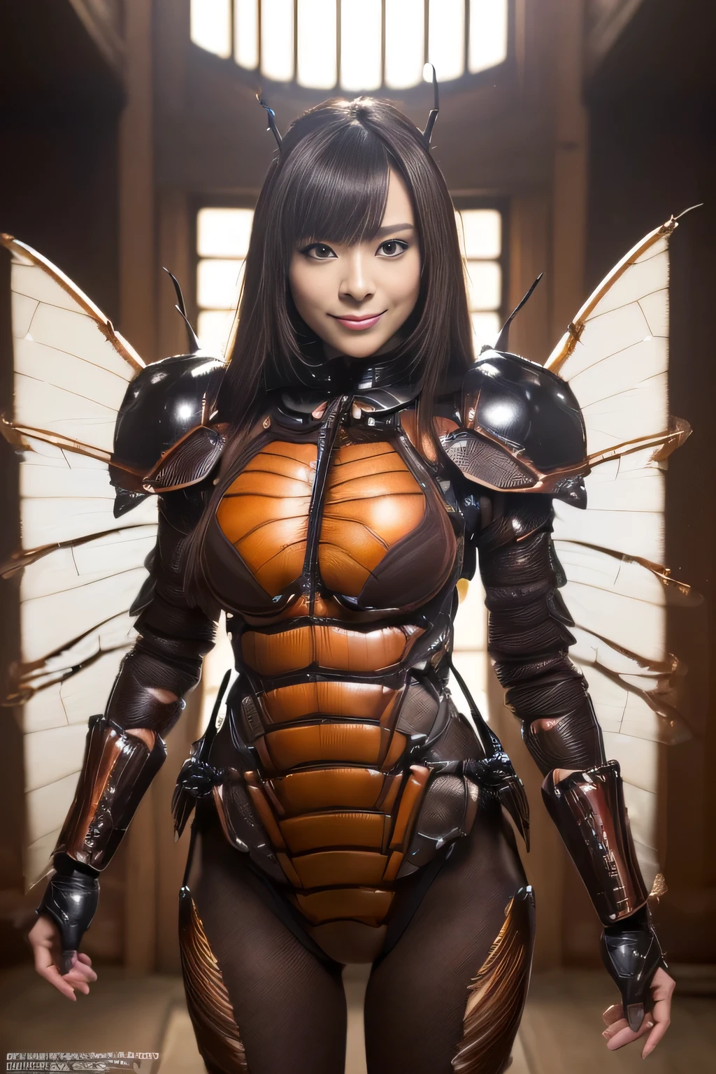 (high resolution,masterpiece,best quality,extremely detailed CG, anime, official art:1.4), realistic, photo, amazing fine details, all intricate, gloss and shiny,awesome many layers, 8k wall paper, 3d, sketch, kawaii, illustration,( solo:1.4), perfect female proportion,villainess, (fusion of dark brown cockroach and lady:1.4), (brown cockroach form lady:1.2), (brown cockroach lady:1.2), (fusion:1.2), (solo:1.4), (evil smile:1.2), muscular, abs, (cockroach brown exoskeleton bio insect suit:1.4), (cockroach brown exoskeleton bio insect armor:1.2), (brown transparency cockroach wing:1.4), (brown cockroach antennae:1.3),