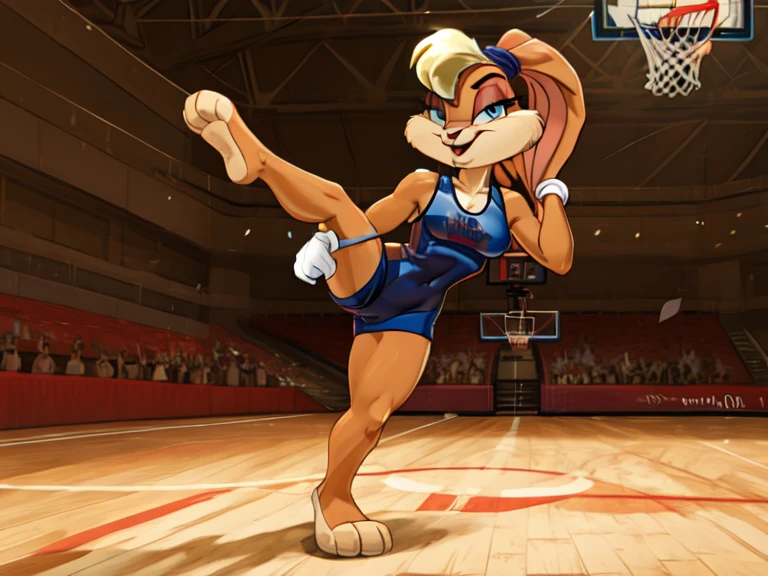 lola bunny, slim body, standing, sports leotard, nipples, pussy, full body view , leg-split