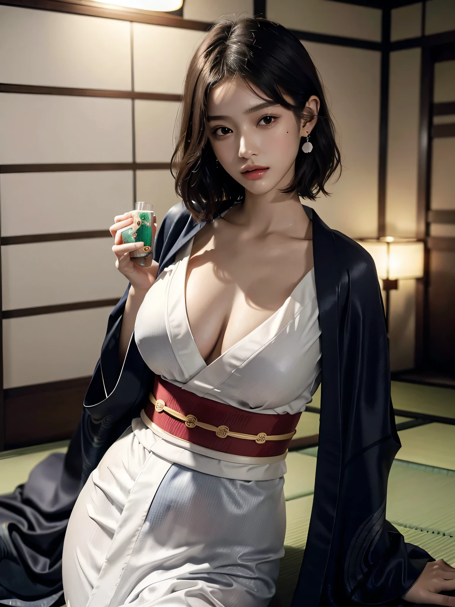 absurdres, RAW photo, extremely delicate and beautiful, masterpiece, Best Quality, ultra high resolution, 32k, hyperrealistic, ultra-detailed, perfect , perfect figure, super Detailed skin, 20 years old, very Slim body, narrow waist, very small head, very small face, delicate facial features, tearful mole, earring, thin legs,  legs, ((very huge round )), short medium hair, ((wavy hair)), ((((kimono)))), 