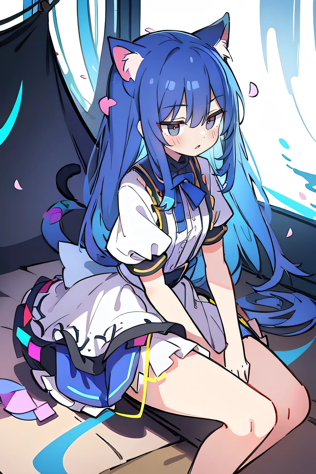 （masterpiece：1.2），Super detailed，lifelike，Expressive eyes，fair skin，perfect face shape，1 girl，
Japanese comics,Gorgeous blue hair,flowing blue hair,flowing clothes,Cat ears,Petals fall,beautiful lola,Baby Angel,
Shaking head with one hand，Lying gracefully on the ground，Cross your legs，Gentle and peaceful background，The pavilion is cool and comfortable,dark blue eyes.