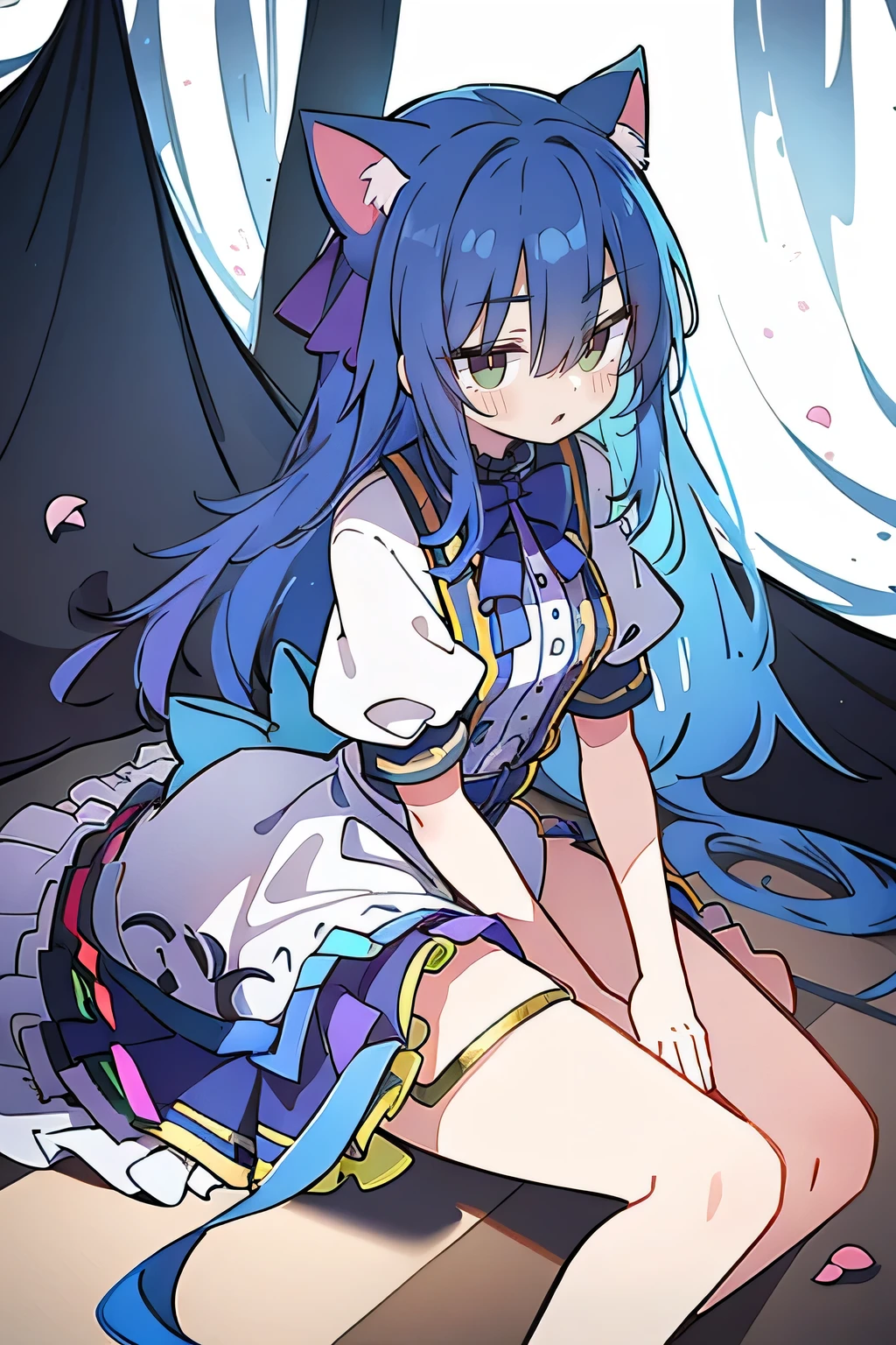 (masterpiece:1.2),Super detailed,lifelike,Expressive eyes,fair skin,perfect face shape,1 girl,
Japanese comics,Gorgeous blue hair,flowing blue hair,flowing clothes,Cat ears,Petals fall,beautiful lola,Baby Angel,
Shaking head with one hand,Lying gracefully on the ground,Cross your legs,Gentle and peaceful background,The pavilion is cool and comfortable,dark blue eyes.