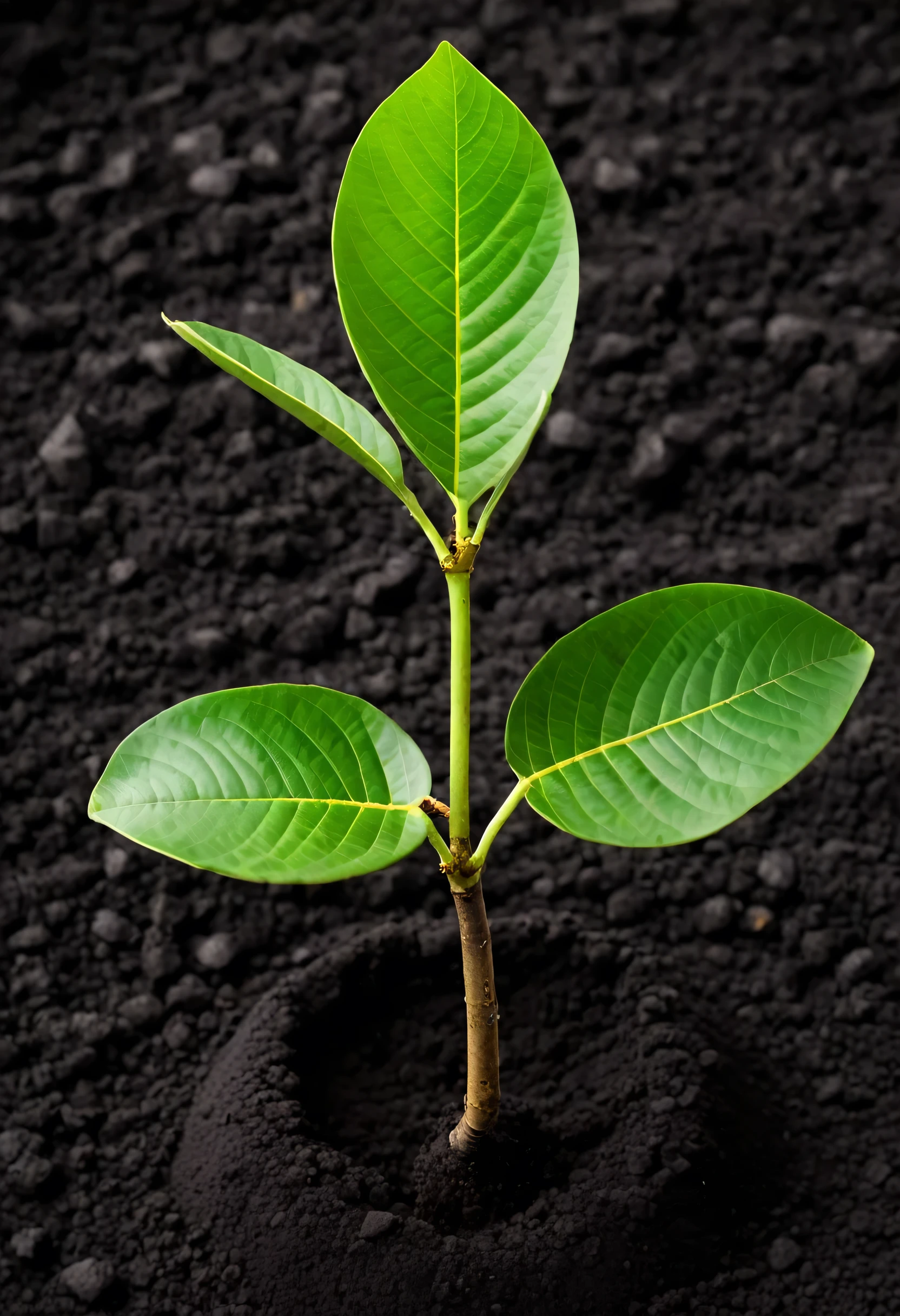 Young green guava plant growing from black soil, cut out
