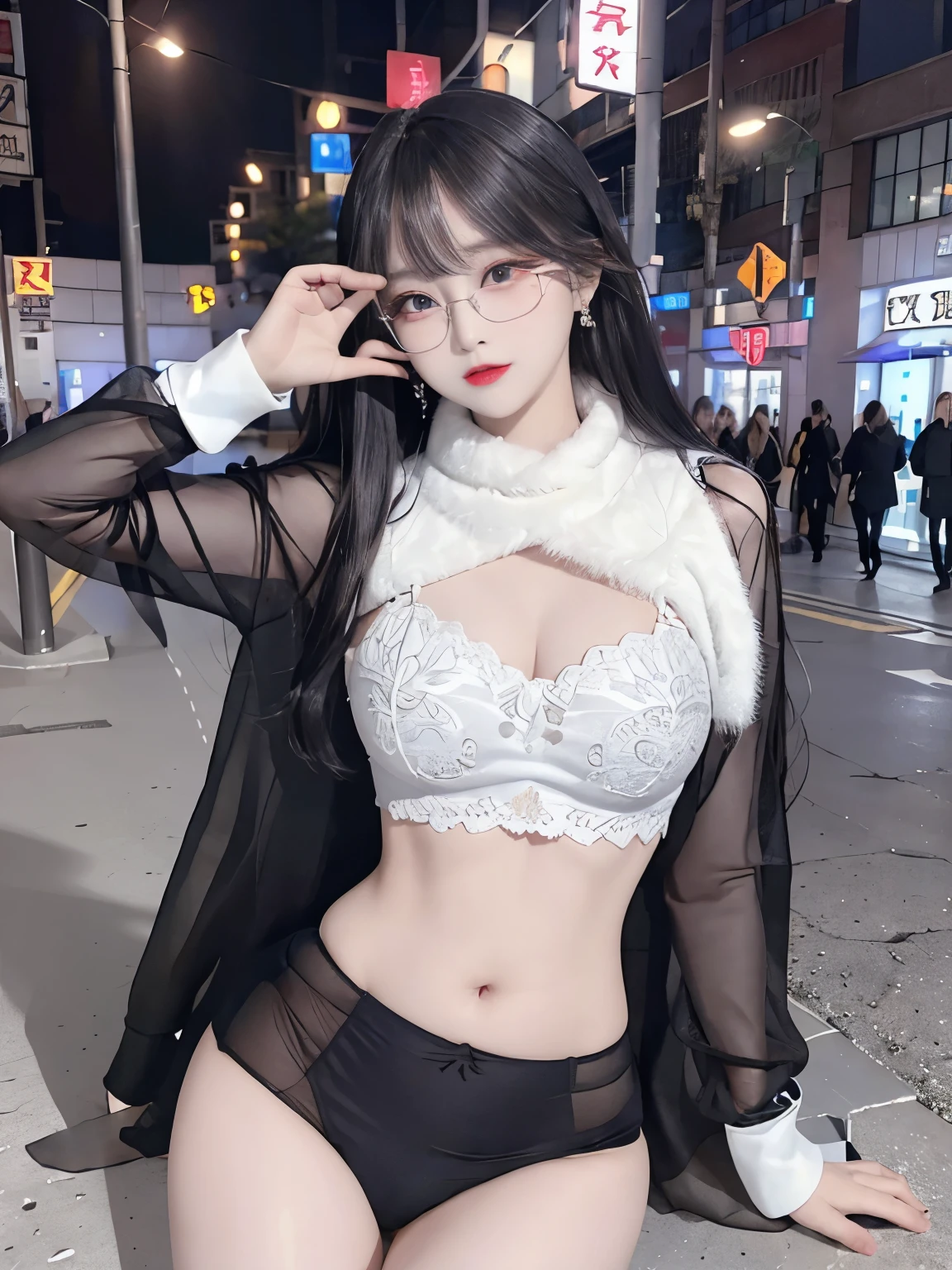 Top image quality、Raw photography、A high resolution、20-year-old cool Korean、big round chest、thin silk jacket、black lace underwear、Beautiful Eyes of Details、very elongated eyes、Beautiful eyelashes、Beautiful double eyelids、eyeshadows,long legs,medium thighs, wearing Glasses、beautiful eyes finely detailed、elongated eyes、long eyeslashes、Beautiful double eyelids、eyeshadows、earrings、shiny white skin、