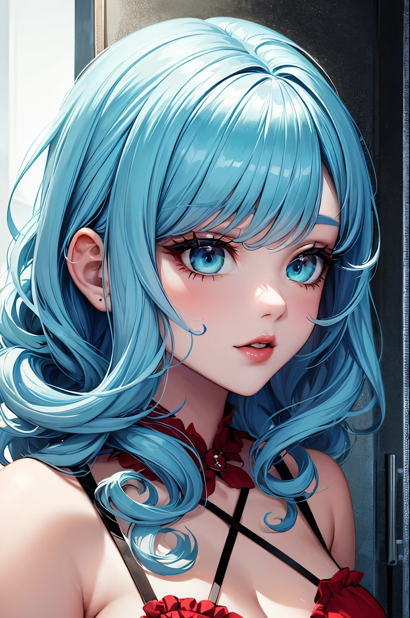 Light blue hair, Turquoise Eyes, Long eyelashes, Big Red Lips, Apricot-colored eyes, beauty, Girlish, Curly Hair, Princess