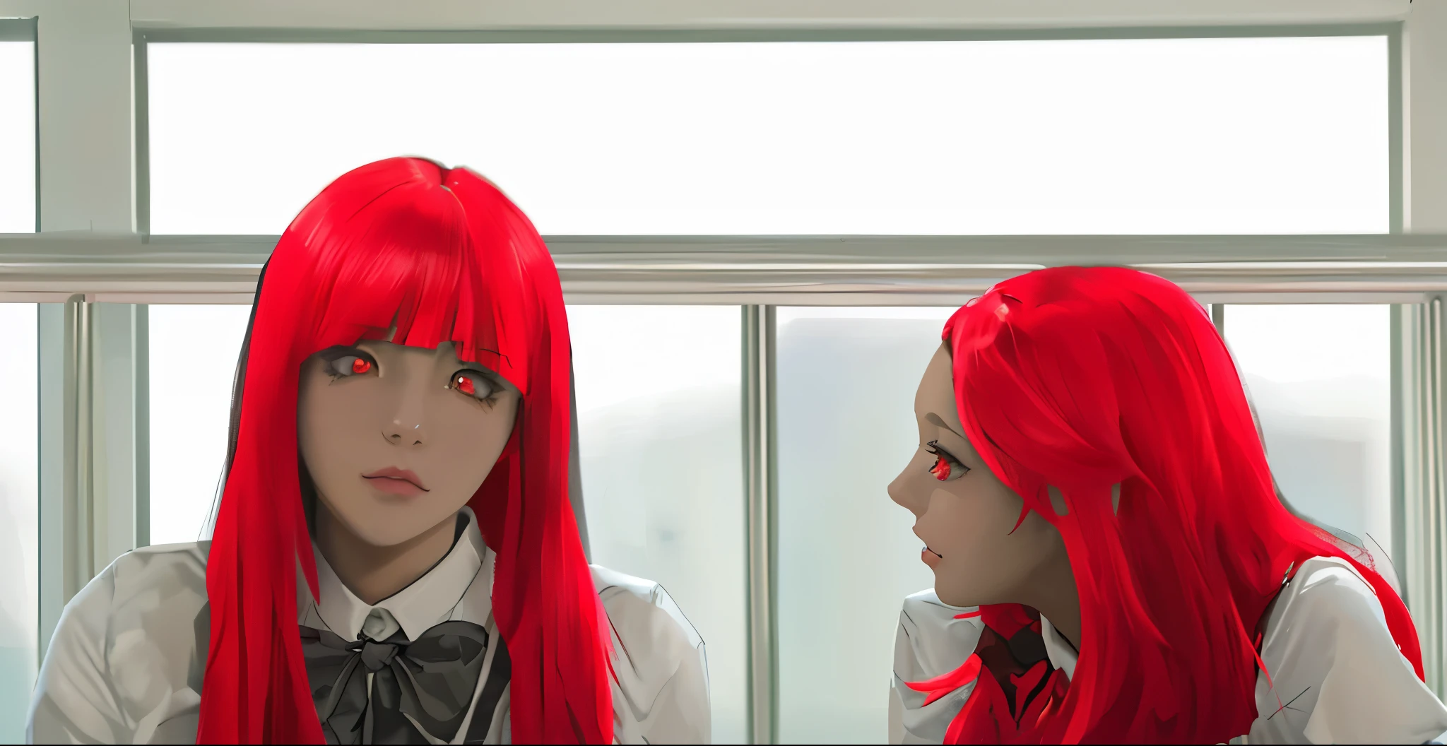 estilo anime hay dos chicas linca chica de cabello rojo y pojos de color rojo le habla con misterio a alguien