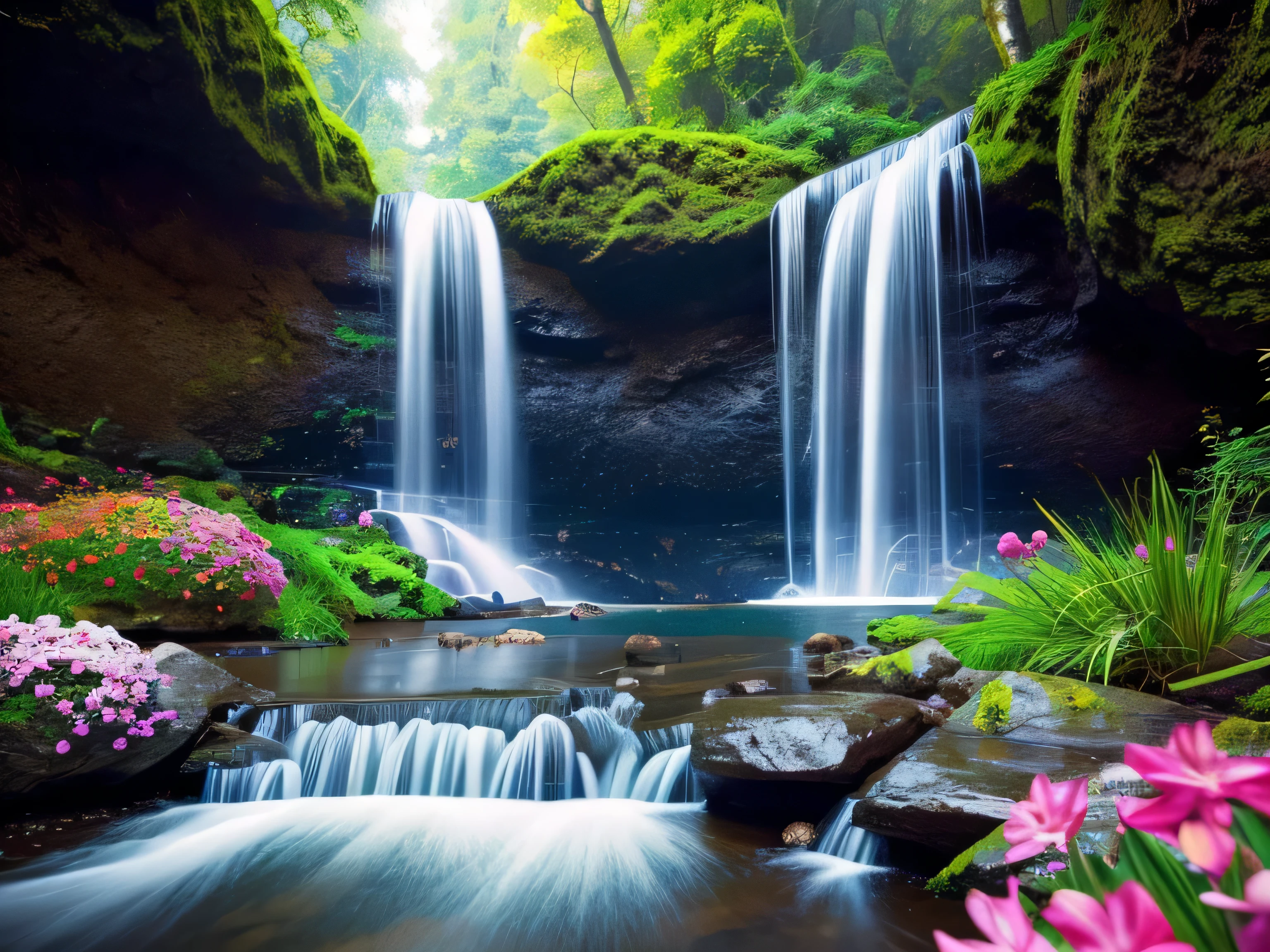 Waterfall wallpaper illustration in various bright colors,Colorful flowers、 Ultra-high resolution, 8k