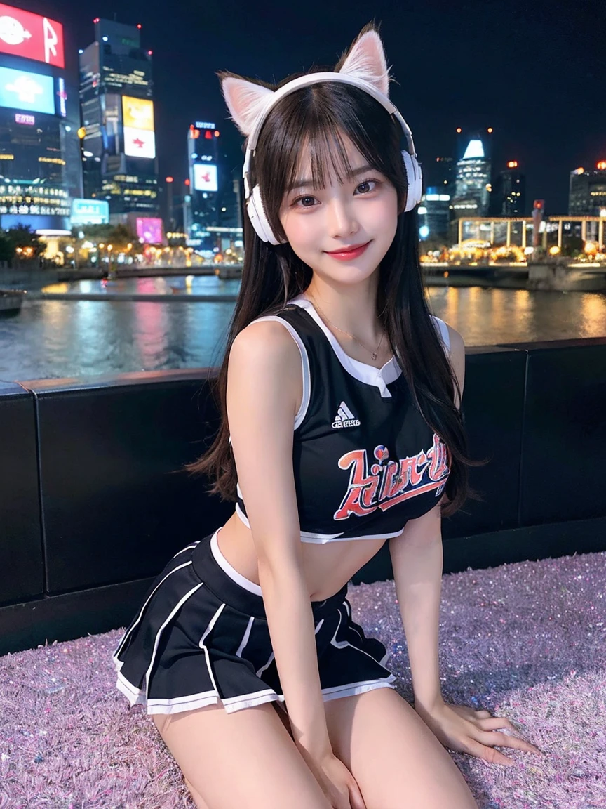 Full body photo、whole、最high quality, masterpiece, 32k、Very detailed、Realistic、1 girl, Japanese women、Cute face, (photo Actual:1.3), Edge lighting, (Skin with attention to detail:1.2), 8k超High resolution, Single-lens reflex camera, high quality, High resolution, 4K, 8k, Optimal ratio of four fingers to one thumb, (Actual:1.3), smile、自然なsmile、Baseball Cheerleader Costumes(black、Light blue line design、Japanese professional baseball cheerleaders)、Cat ear headphones(ピンク色のネオンCat ear headphones)、cute 1 girl, Realistic、Super Realistic、32k、Very detailed、masterpiece, 最high quality, beautiful girl, beauty、 Mecha, Beautiful lighting, Sitting,Cyber Neon、Future City、Skyscraper、City Night、Shanghai、Big cities、Night view、綺麗なNight view