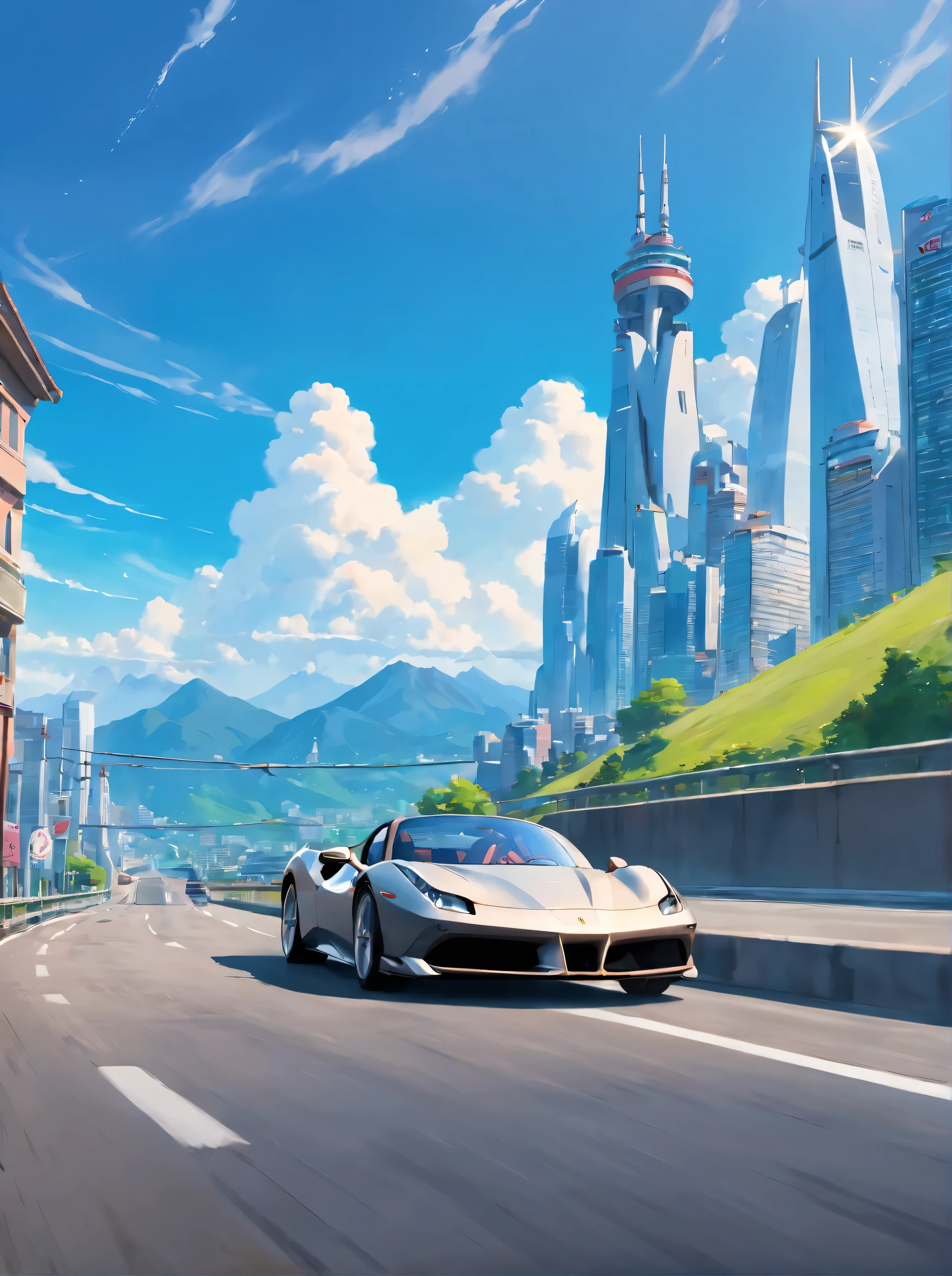 (Best quality, 8k, Masterpiece :1.2), hyper realistic, at a mountain, an detailed black Ferrari 488, Speeding on the highway, (Facing the audience), The blue skyscraper in the background, during the day, blue sky, few clouds