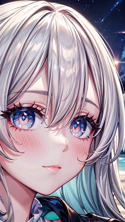 masterpiece, Amazing girl, cute girl, Break, High detail eyes, Perfect eyes, portrait, High detail face, Same eyes, glare, Rainbow Colors, Global Illumination, Soft Light, Light of Dreams, number, 8k Close-up, fantasy, Night Sky, Star, nebula, White crystal, moonlight, peaceful, summer, (8k:1.1)