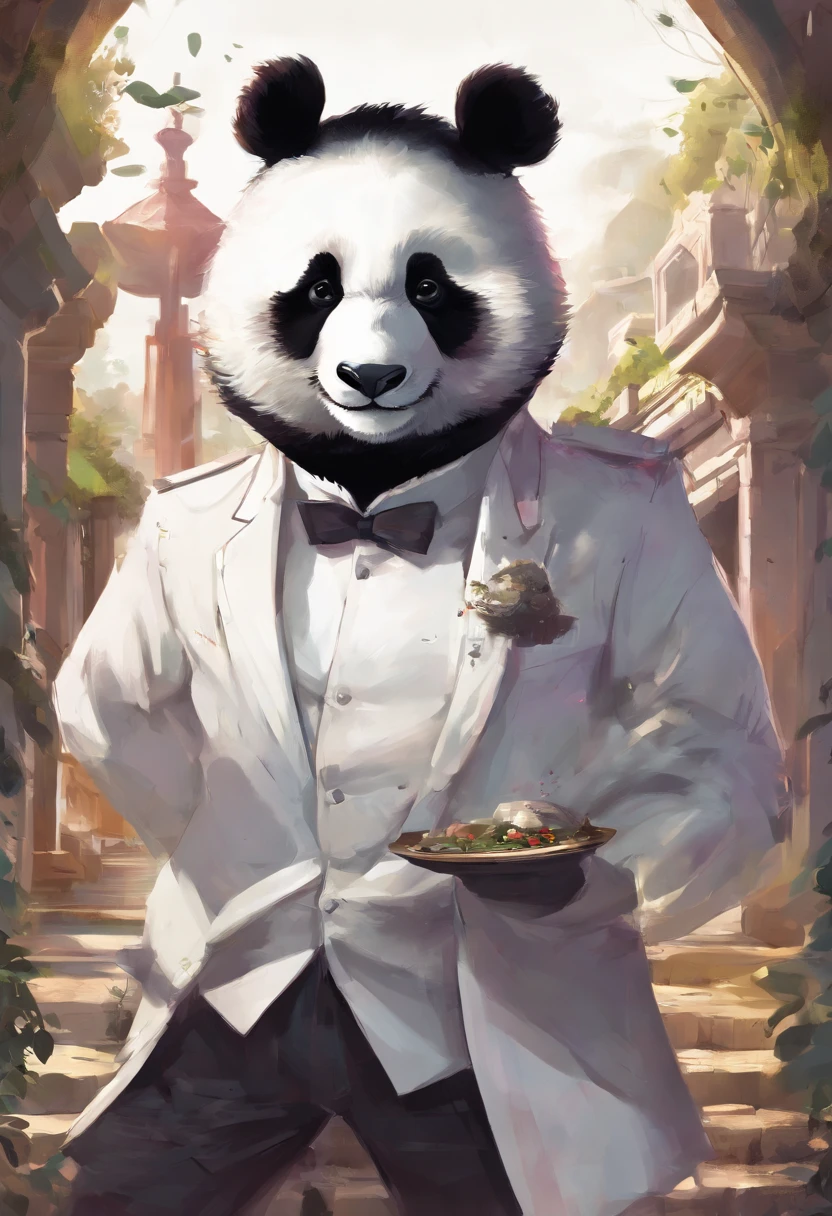 anthropomorphic panda, de cuerpo entero, vestido formalmente con un blazer, sostiene una bandeja, pegatina de panda, sticker de panda.