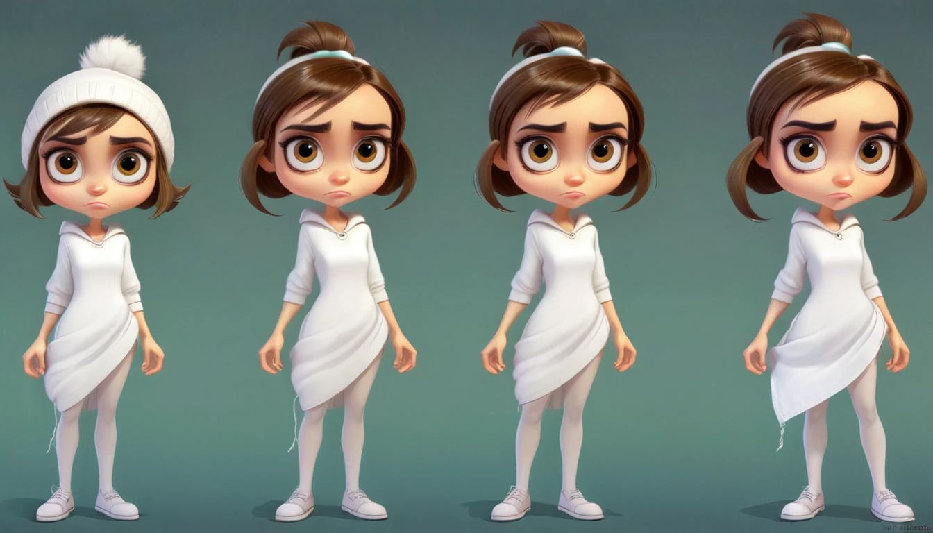 Character sheet of ghost type cartoon character, big head,big eyes,,white tail, full body turnaround ,white cloth ,attitude eyes big , white and brown ,