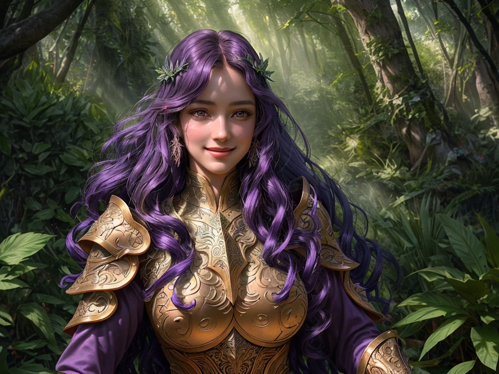 A variant Aasimar woman, adorned in full Paladin armor with intricate engravings, her long curly dark hair cascades down in waves, interspersed with vibrant purple highlights. Amidst the ancient, towering forest, she is captivated by the whimsical dance of butterflies, their ephemeral wings catching the sunlight. Her high-detailed, stunning bubbly face is illuminated with a smile, reflecting the joy and wonder of epic fantasy art. The scene radiates an extremely detailed, matte fantasy portrait, meticulously crafted in 2.5 D CGI. Sunbeams filter through the leaves above, casting