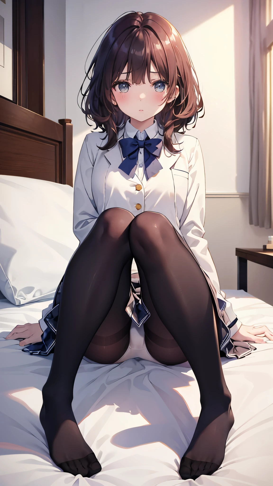 highest quality, masterpiece, High resolution, (Head to toe full body view), Front view from slightly below, Symmetrical Configuration, Precisely balanced composition across the body、18-year-old, Slim and beautiful girl, alone, (Small breasts), (No shoes),Messy Hair, bangs, (black tights), (Black Pantyhose), (Sit on the floor with your legs open), (Spread-legged pose on bed), Both arms are tied behind one arm, (Composition depicting white panties), (Her legs were spread、White panties are visible.), (Open your mouth with a pained expression), blush, Shy big eyes, Looking at the camera, Blazer uniform, Checkered Pleated Skirt