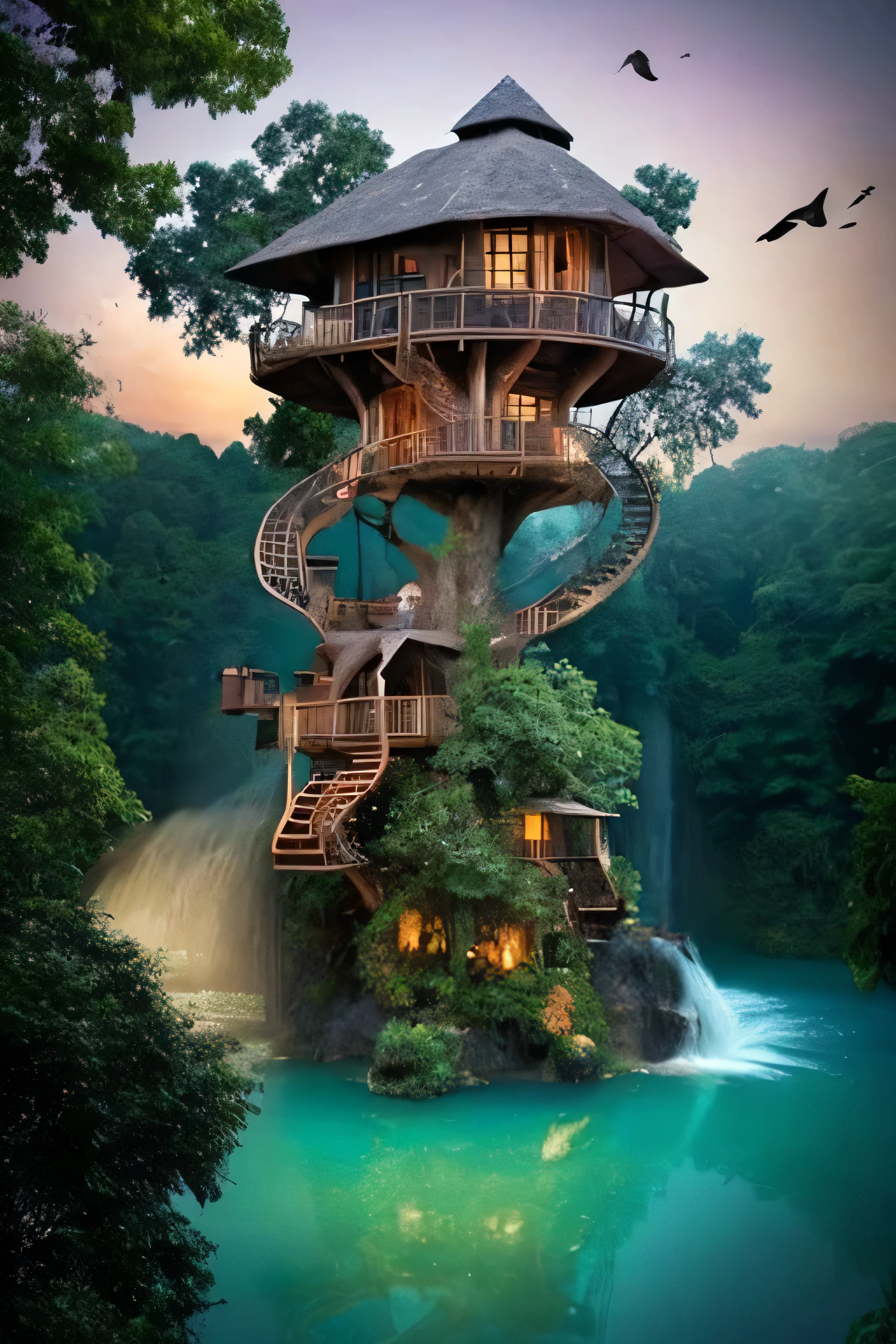 Perfection The Coolest Tree house on a large rock in the middle of the lake in the jungle with sunset, waterfall, bird flying, airroplan flying flowers in front of the house and trees on both sides of the house