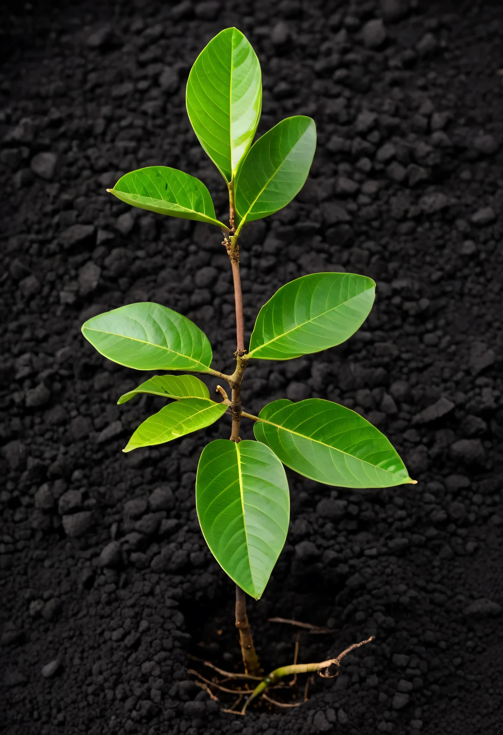 Young green guava plant growing from black soil, cut out