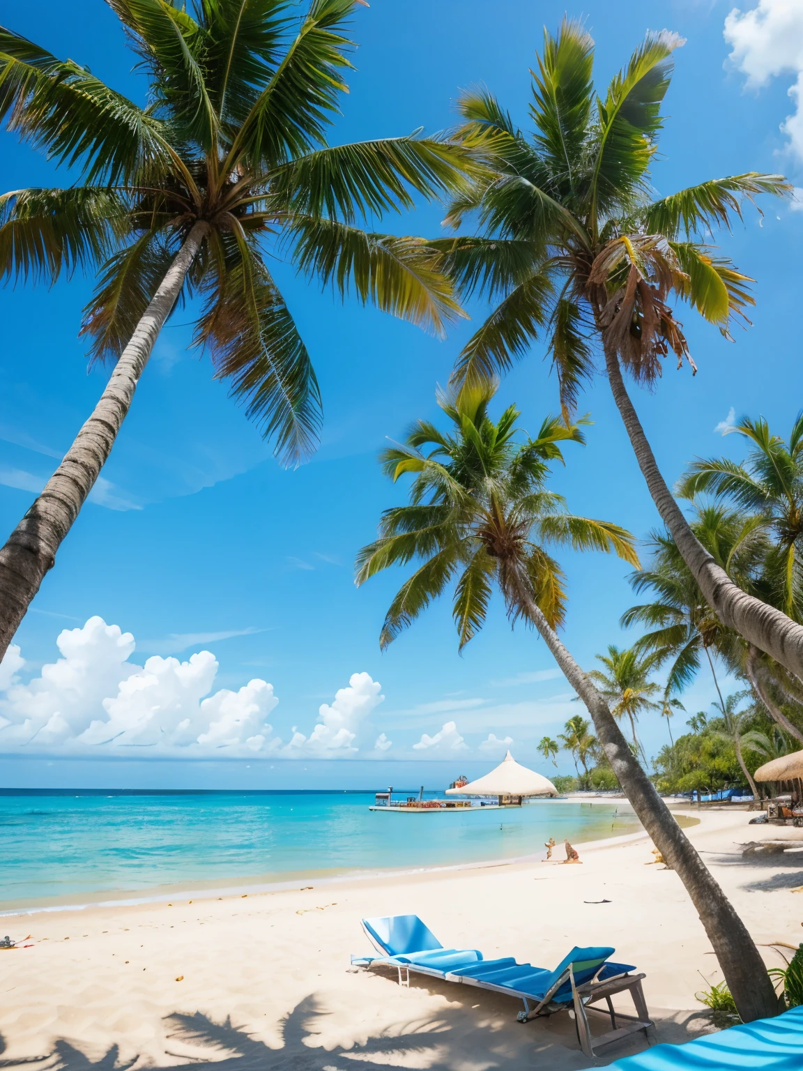 Tropical, Sunny, Lively, beach, palm tree, The sky is clear., Blue Ocean, relax, day off, spare time, photograph