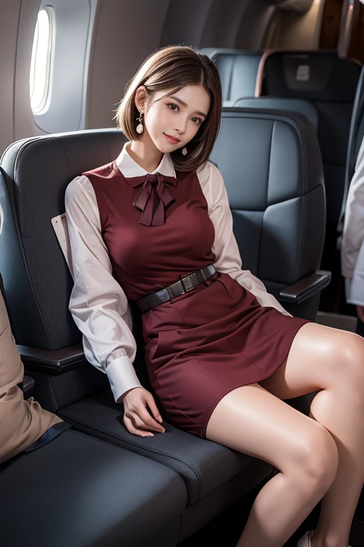 highest quality, Very detailed, masterpiece, 1 person,woman,(((完璧なwomanの体))),Very beautiful face, Very beautiful body,Gentle expression, Very beautiful eyes,(Perfect Makeup:1.1),Chignon Hair,short hair,Shaggy Hair,Maroon colored hair:1.3, Very thin body,Smart Abs, ((Stewardess uniform:1.4)),necklace,anklet,A kind smile,Full body portrait,(Background inside the plane:1.1), (Shiny skin),(Earrings),GGX Heel,