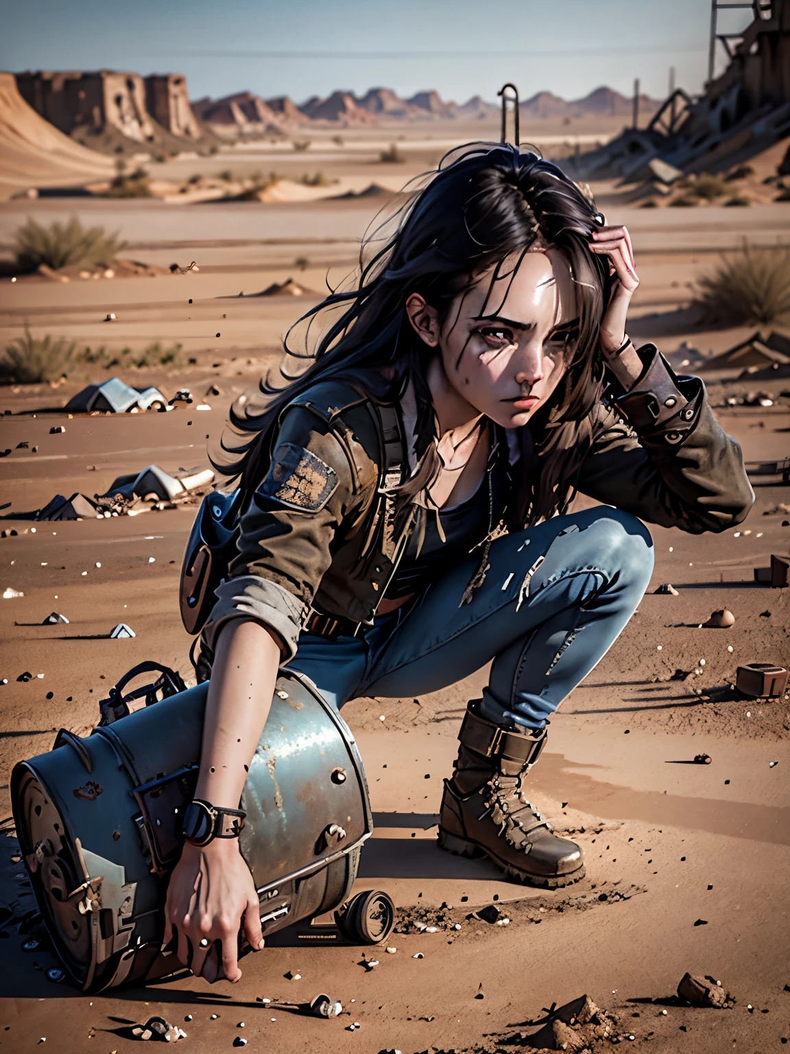 1girl, (solo:1.2), [slim], (small chest), pale skin, ((detailed eyes)), (bokeh effect), (dynamic angle), dynamic pose, (deserted wasteland:1.3), (long hair:1.4), (dark hair:1.4), leather jacket, ripped jeans, high boots, (backpack), (dark and cloudy sky), dirty hair, (wasteland desert:1.4), dirty hair, ((masterpiece)) close up shot, (Bend down to collect the metal junk on the floor:1.4)