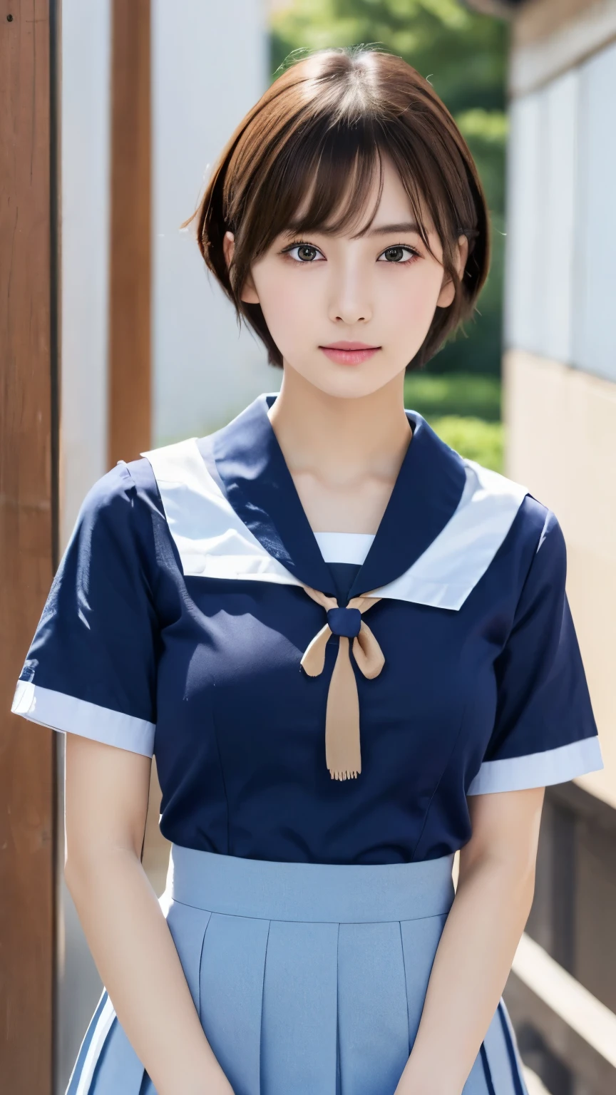 (masterpiece:1.3), (8k, Photorealistic, RAW Photos, Best image quality: 1.4), Japanese, (1 girl), Beautiful Face, (A vivid face), Beautiful hairstyle, Realistic eyes, Beautiful Eyes, (Realistic Skin),(short hair:1.3) ,Beautiful Skin, charm, 超A high resolution, Surreal, (Big Breasts)、Attention to detail, Detail Makeup,Seeing the viewer,、School classroom、Shaved pubic hair、((Full body portrait)),(Japanese short sleeve school sailor uniform).Navy blue mini skirt