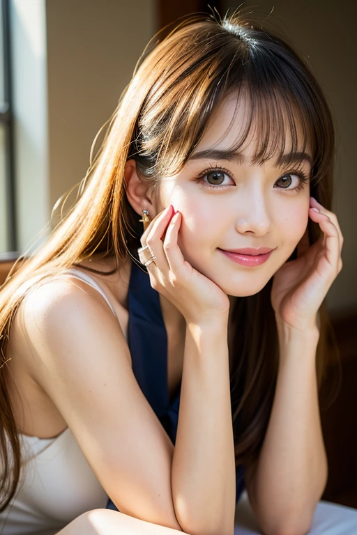 ((highest quality)), ((masterpiece)), (detailed), Perfect Face, highest quality, masterpiece, Ultra-high resolution, (Realistic:1.9), RAW Photos, Depth of written boundary, Professional Lighting, One girl, The most famous Japanese idols, Relax in the cafeteria, Very cute face, Secret Date、Very beautiful、very large black eyes, Very beautiful skin, An innocent smile、Thin fingers、ring、Me reflected in your eyes、Shapely bust、No sleeve、Earrings、Soft white skin、Tie your hair on both sides、Be bold、White limbs、Unlimited Transparency、lover
