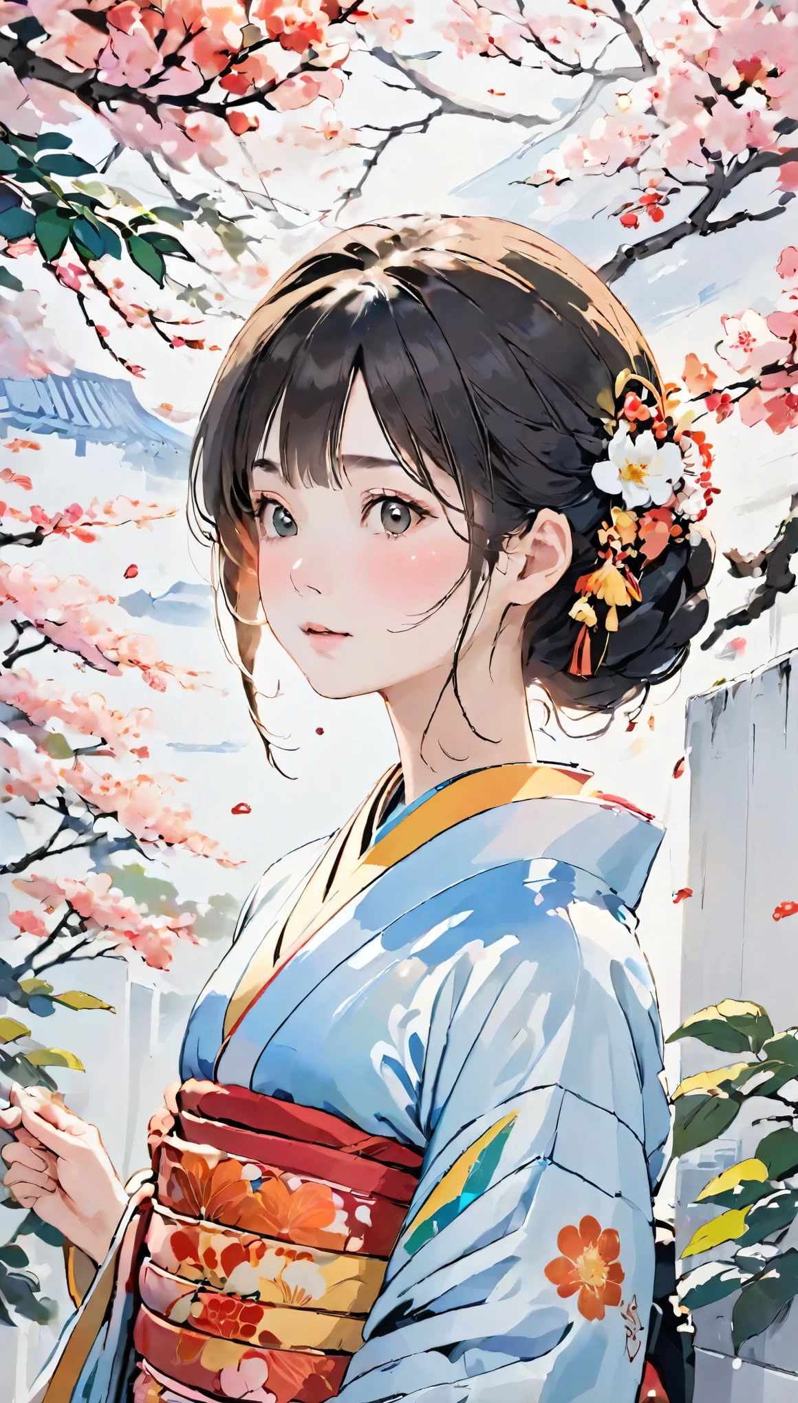 (((Simple configuration)))、(((The background is a white wall:1.2)))、One Girl、Perfect Anatomy、Picturesque、sketch、Very delicate、Cloud-like wall、、Floral、Delicate depiction、Abstract、Bright colors overall、Gentle color、kimono、Taisho romance、(masterpiece、highest quality、highest quality、Official Art、Beautiful, beautiful:1.2)