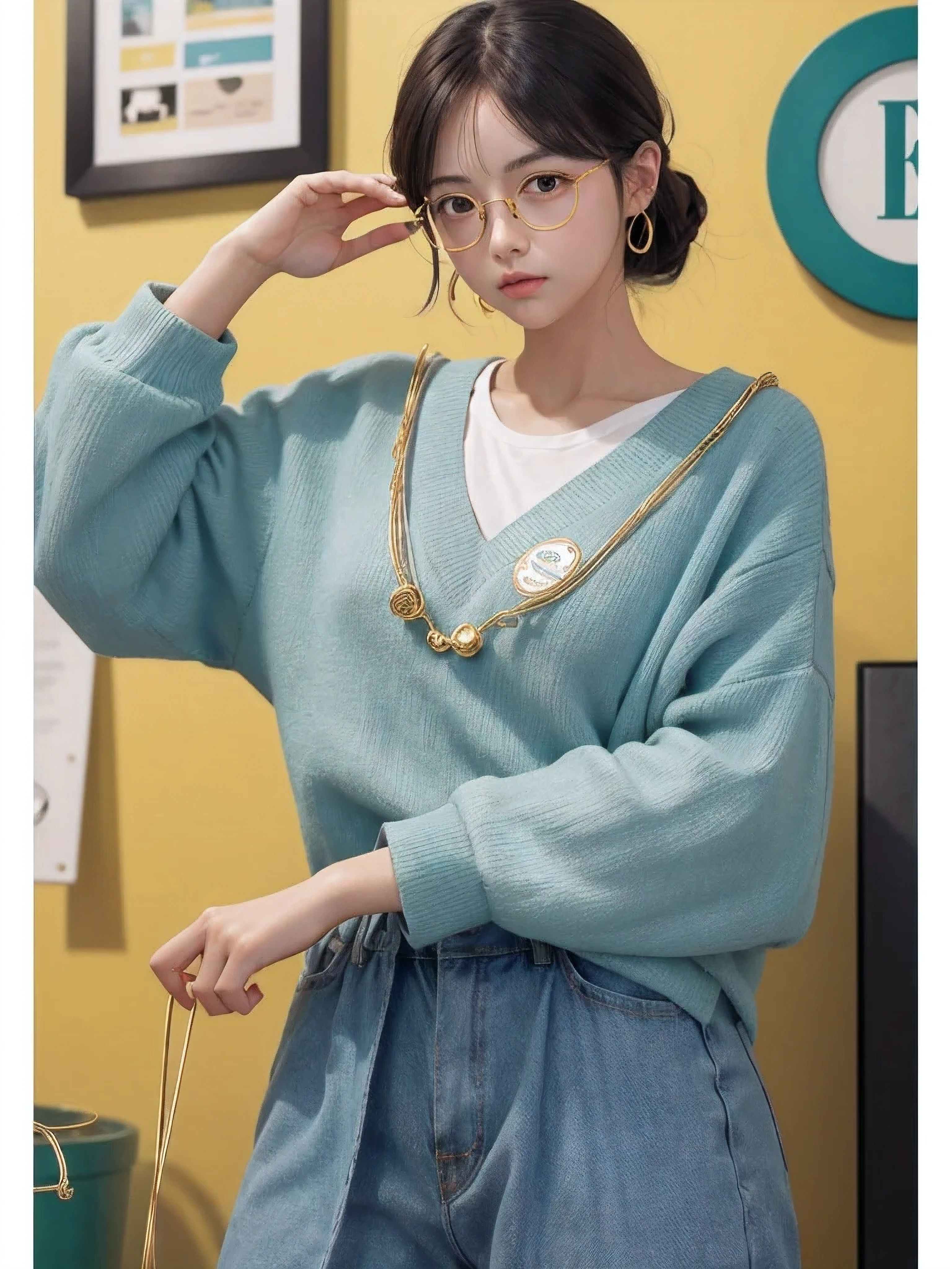 (Masterpiece, highest quality, super large resolution); (CG illustration); (a cute and cute girl); (sleepiness) (exhaustion); ((round-framed gold wire glasses)), (fashionable) (trendy); Rich colors, cyan, orange, yellow, green, cyan, blue, purple, fashion typography, magazine cover poster, hyper-detail, art, title, logo, label, badge, graphic design, detail post-processing, depth of field, high brightness, high saturation, more white space;