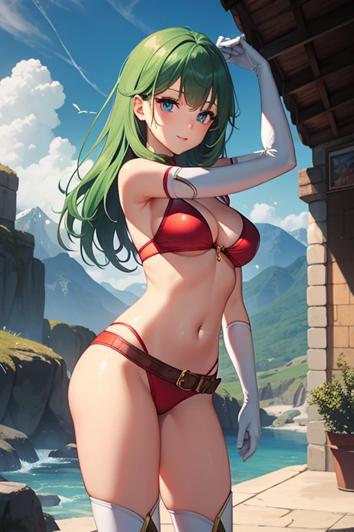 masterpiece, best quality,detailed, highres,shiny skin,1girl, solo,BREAK,
timegal, blue eyes, long hair, breasts, green hair, bangs, medium breasts, shiny hair,lips,shiny skin,BREAK,
belt, gloves, boots, navel, white gloves, thighs, red midriff, red sleeveless,knee boots, white footwear, elbow gloves, crop top, cleavage,(gray shoulder armor), red bikini,
BREAK,
((( outdoors, ))),(( cowboy shot , dynamic pose, looking at viewer, )), light smile, dinosaurs, mountains,