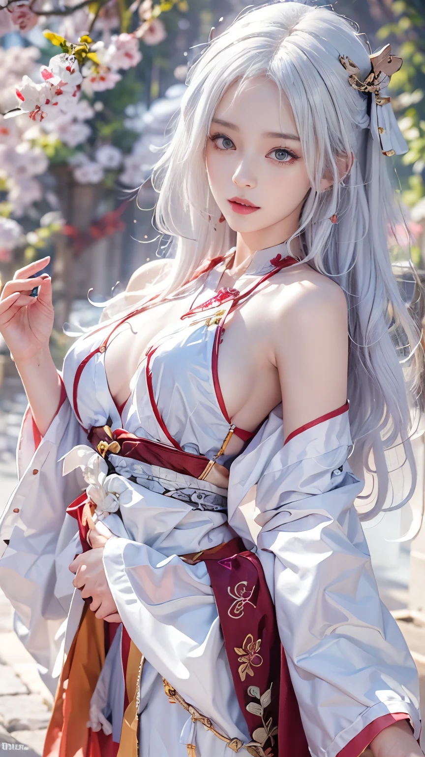 ((Styled white hair:1.5))(Miko costume:1.3), Symmetric, (highest quality, Realistic:1.4, RAW Photos:1.2, Cinematic Light, Highly detailed illustration), (1woman:1.3, alone), (Asian 25 year old girl, Very delicate face, Super beautiful face, Very delicate eyes, Highly detailed nose, Very sophisticated mouth, Highly detailed facial features, 輝くskin), woman, (Medium Bust,sideboob:1.3), skin, Lip gloss, Laughter, Full Body View, High resolution, High resolution, 8k, Masterpiece 2:1,( Shrines in Kyoto、torii、Scattering cherry blossoms)cleavage cutout,