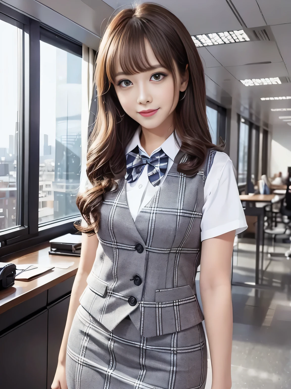 1 Woman Standing, office worker, reception, (White and grey checked vest:1.2) (Navy pencil skirt) bow tie, Mature Woman, /(Dark brown hair/) bangs, A gentle blushing smile, (Masterpiece of the highest quality:1.2) Delicate illustrations, super detailed, Big Break (Modern office indoors), Cityscape of windows, Detailed Background